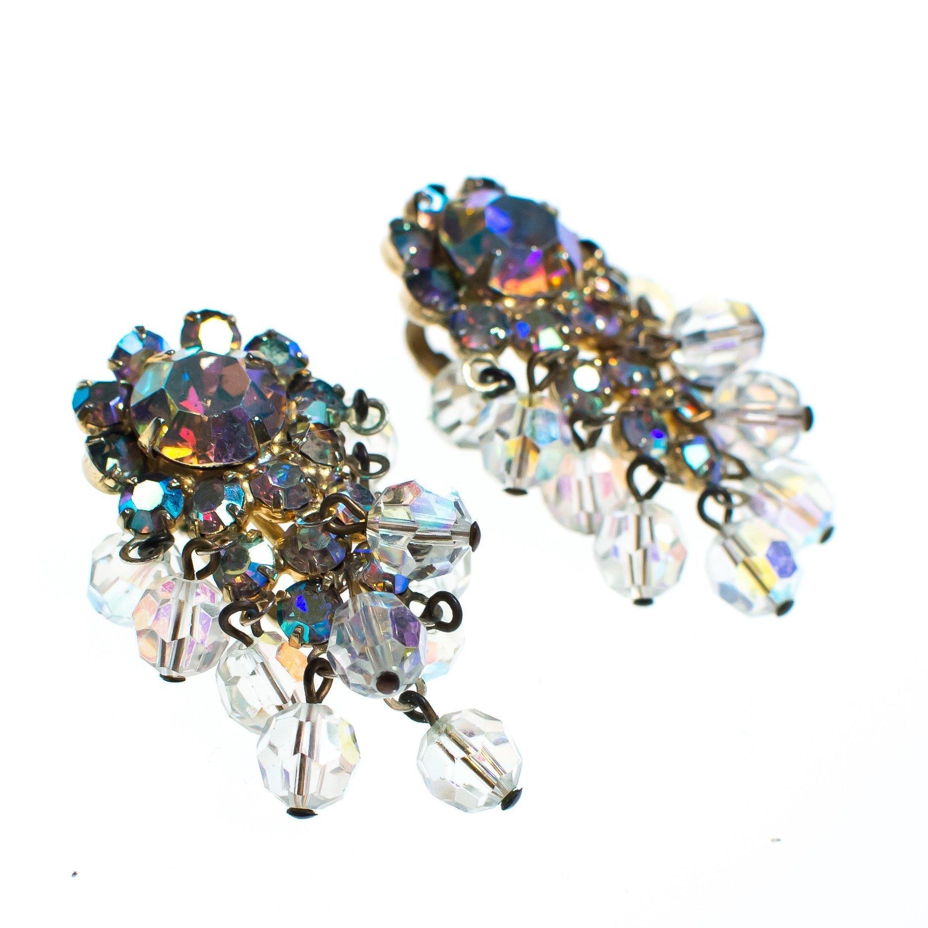 Vintage Juliana Aurora Borealis Crystal Beaded Statement Earrings, Clip On by Juliana - Vintage Meet Modern Vintage Jewelry - Chicago, Illinois - #oldhollywoodglamour #vintagemeetmodern #designervintage #jewelrybox #antiquejewelry #vintagejewelry