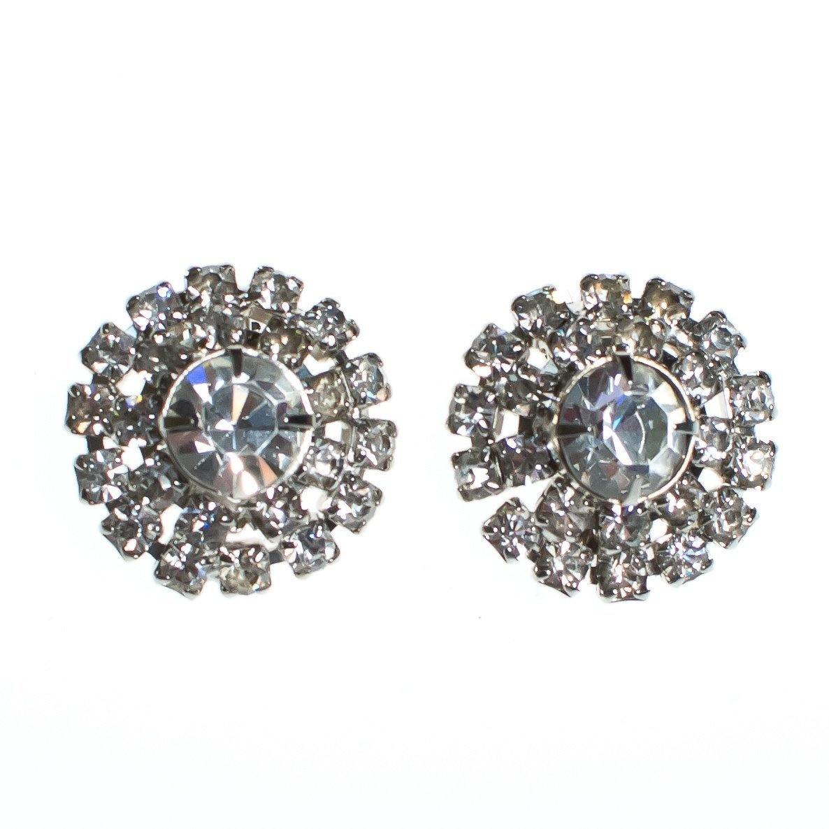 Vintage Round Diamante Crystal Rhinestone Earrings, Silver Tone Setting, Clip-on