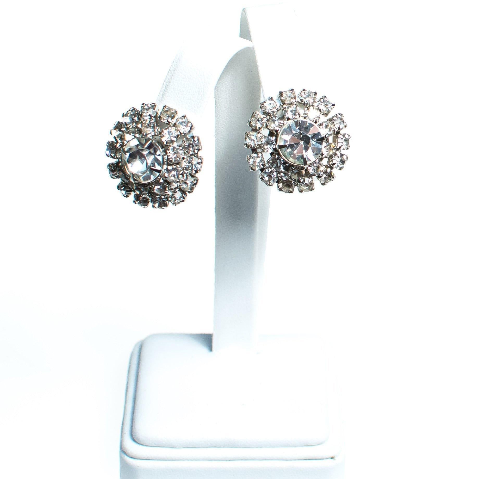 Vintage Round Diamante Crystal Rhinestone Earrings, Silver Tone Setting, Clip-on by Art Deco - Vintage Meet Modern Vintage Jewelry - Chicago, Illinois - #oldhollywoodglamour #vintagemeetmodern #designervintage #jewelrybox #antiquejewelry #vintagejewelry