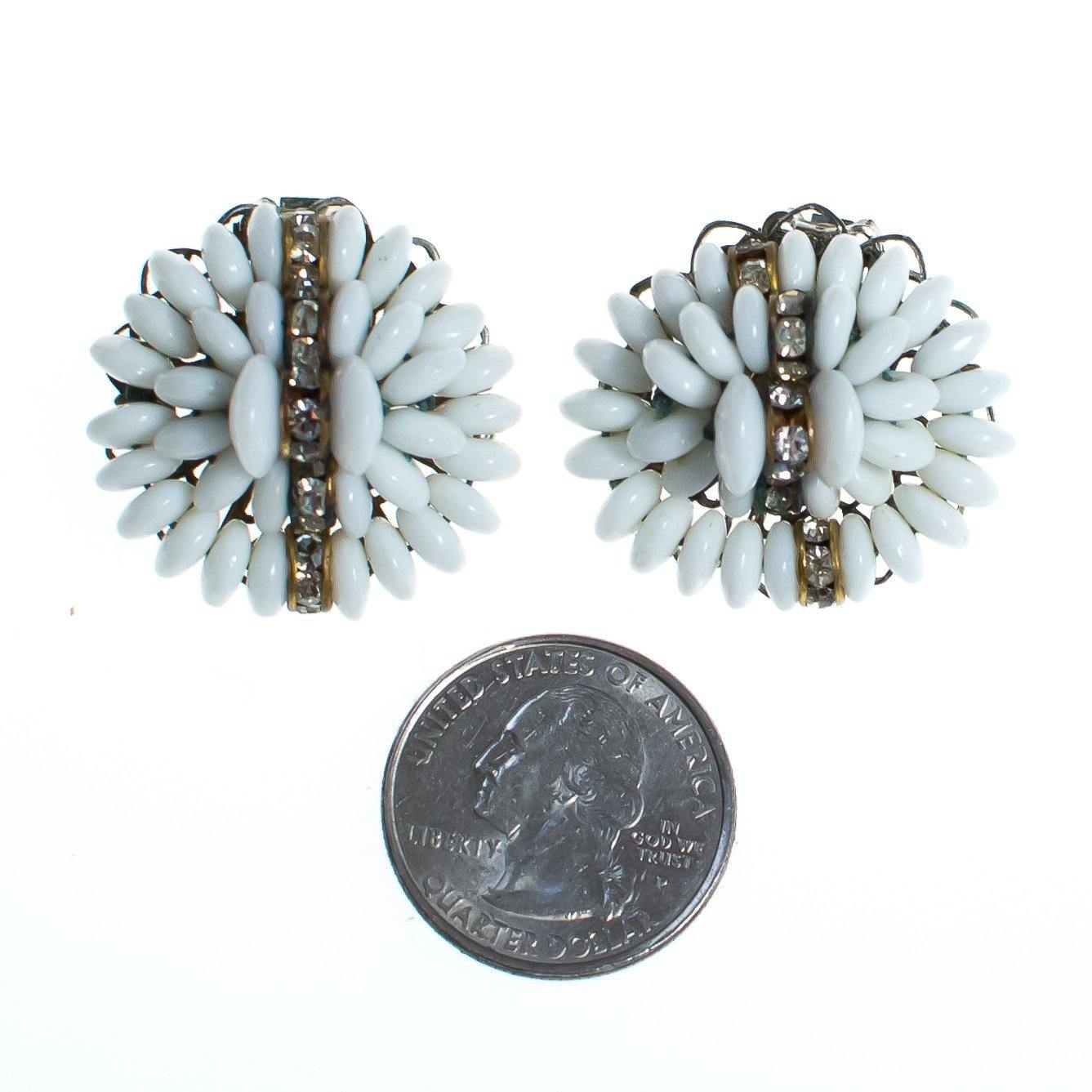 Vintage White Milk Glass Cluster Beaded and Rhinestone Rondelle Earrings, Clip On by Milk Glass - Vintage Meet Modern Vintage Jewelry - Chicago, Illinois - #oldhollywoodglamour #vintagemeetmodern #designervintage #jewelrybox #antiquejewelry #vintagejewelry