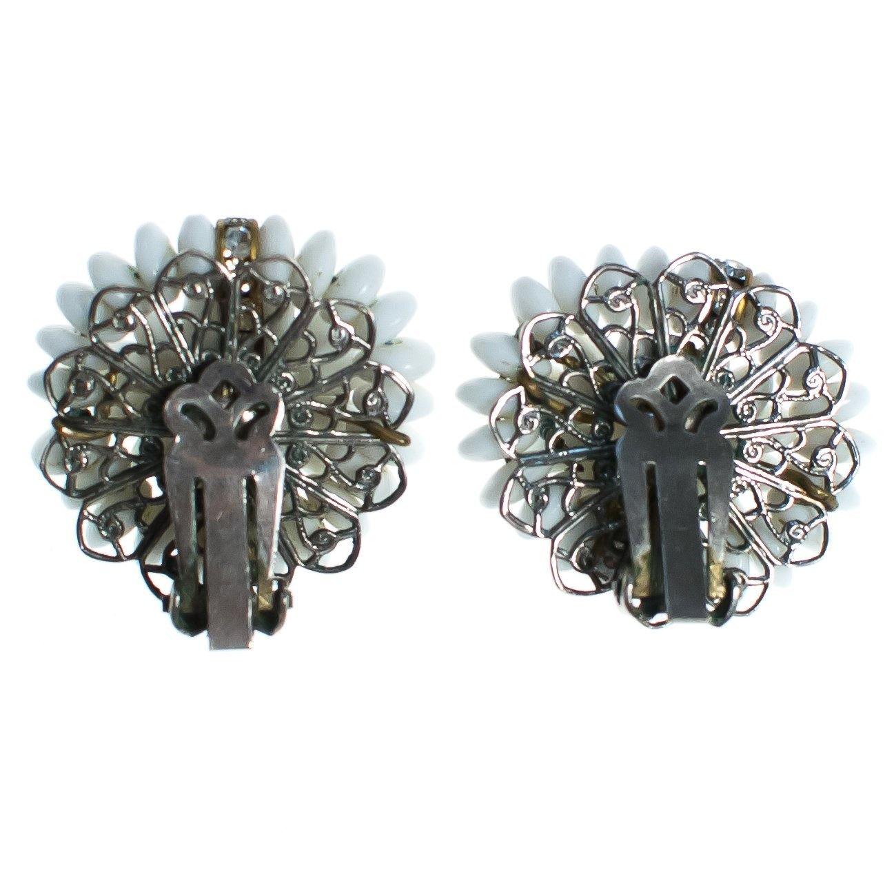 Vintage White Milk Glass Cluster Beaded and Rhinestone Rondelle Earrings, Clip On by Milk Glass - Vintage Meet Modern Vintage Jewelry - Chicago, Illinois - #oldhollywoodglamour #vintagemeetmodern #designervintage #jewelrybox #antiquejewelry #vintagejewelry