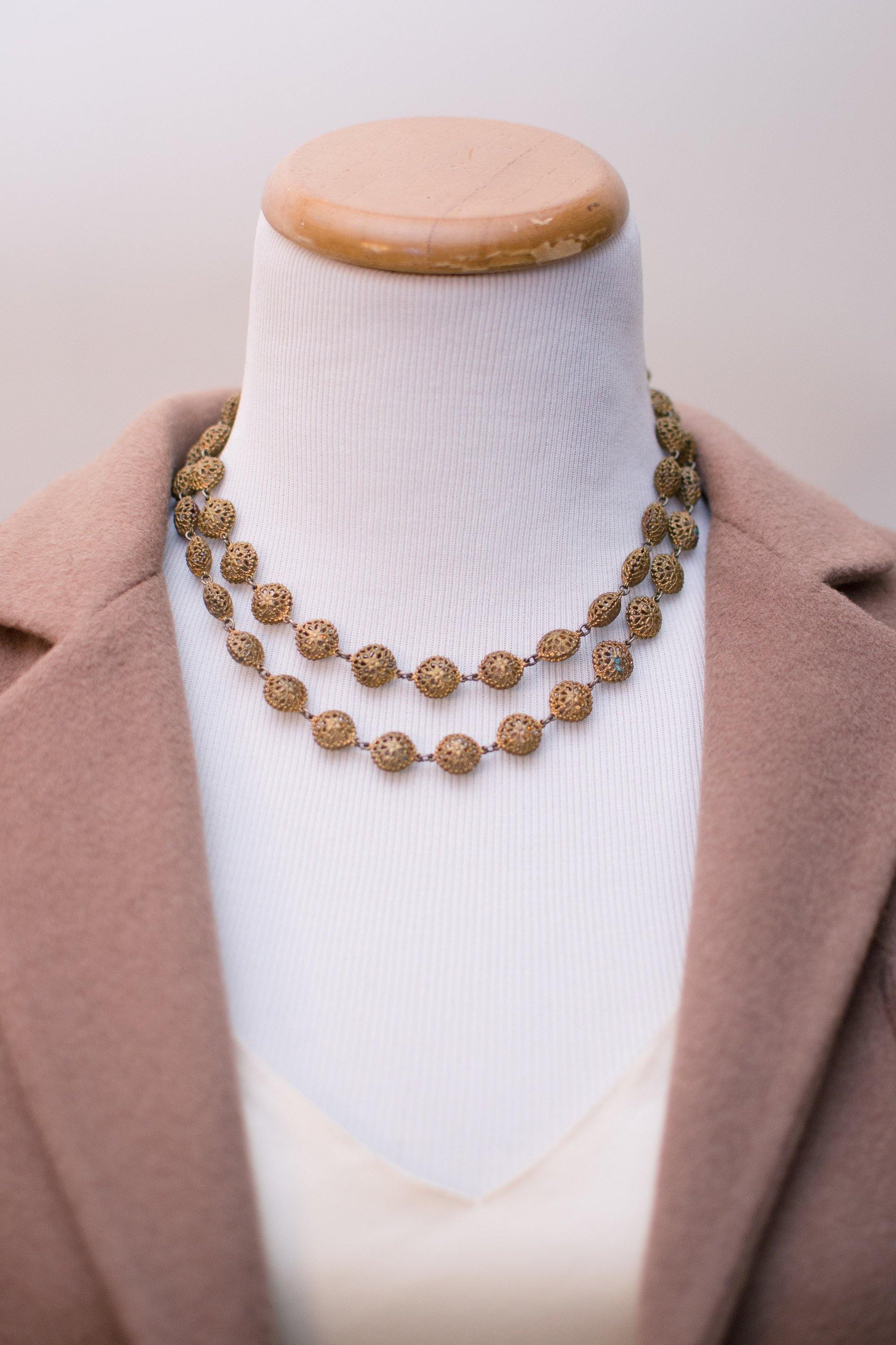 Vintage 1940s Gold Gilt Filigree Double Strand Beaded Necklace by 1940s - Vintage Meet Modern Vintage Jewelry - Chicago, Illinois - #oldhollywoodglamour #vintagemeetmodern #designervintage #jewelrybox #antiquejewelry #vintagejewelry