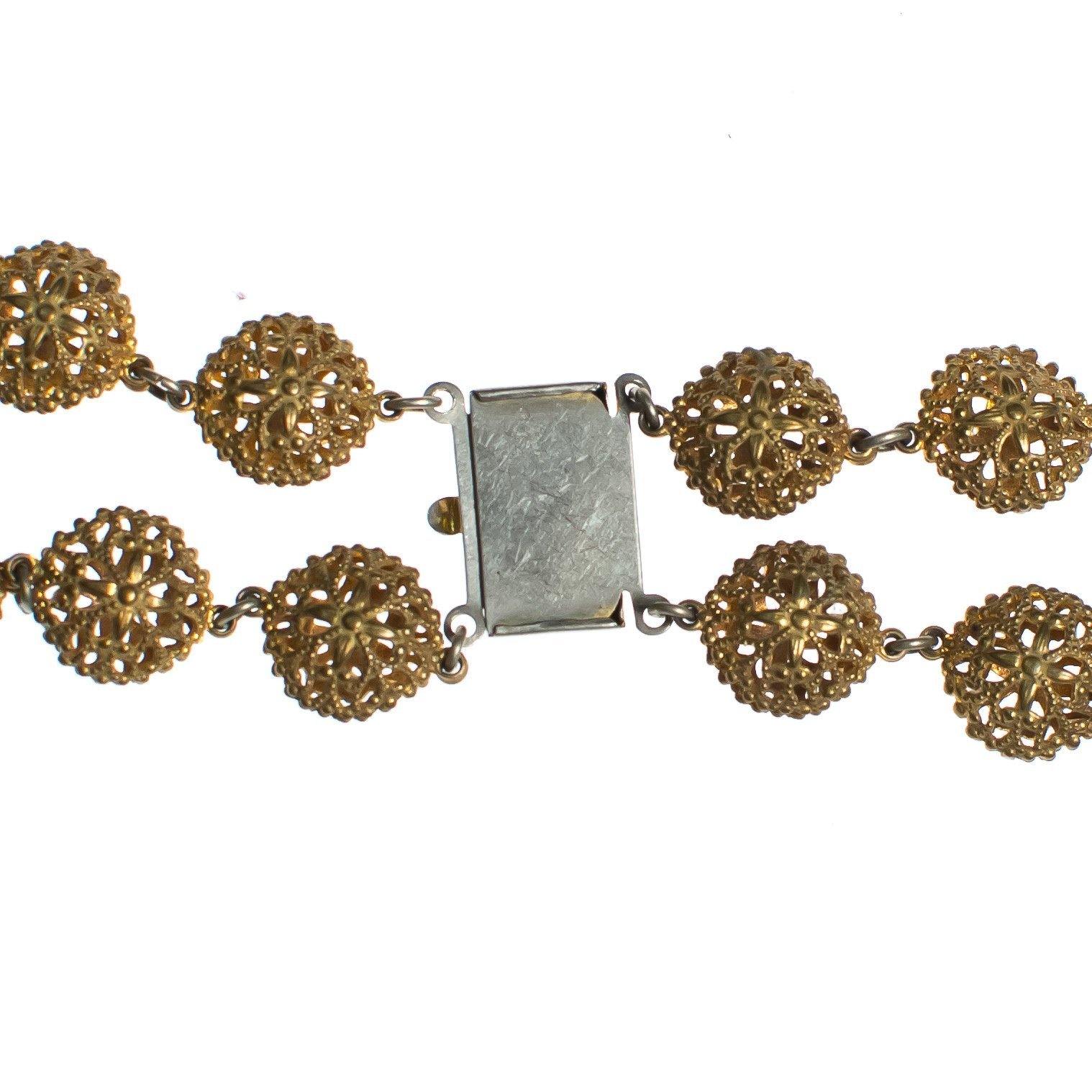 Vintage 1940s Gold Gilt Filigree Double Strand Beaded Necklace by 1940s - Vintage Meet Modern Vintage Jewelry - Chicago, Illinois - #oldhollywoodglamour #vintagemeetmodern #designervintage #jewelrybox #antiquejewelry #vintagejewelry