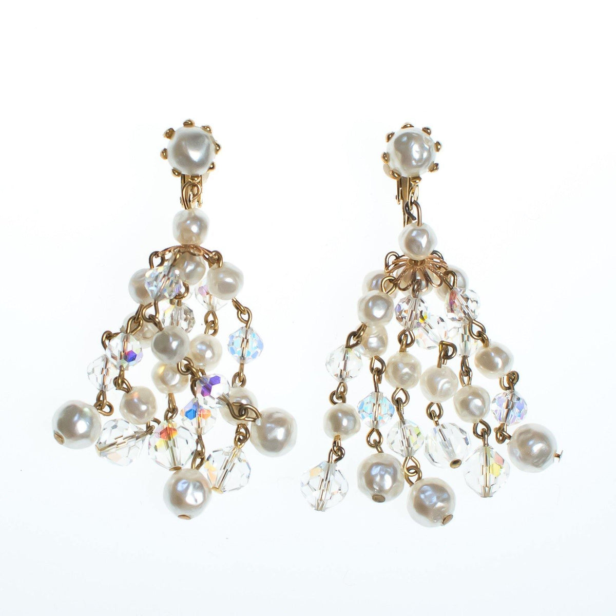 Vintage Aurora Borealis and Pearl Crystal Chandelier Statement Earrings, Clip On