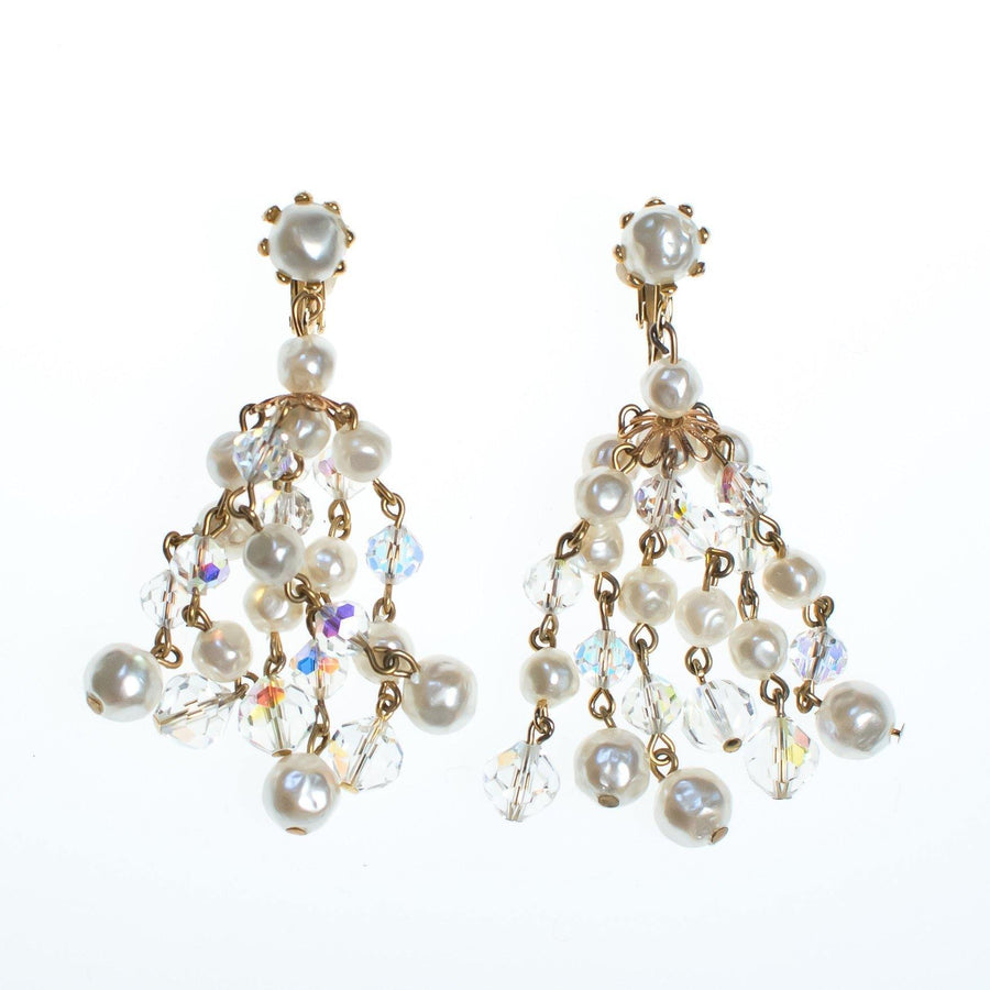 Vintage Aurora Borealis and Pearl Crystal Chandelier Statement Earrings, Clip On by Old Hollywood Glam - Vintage Meet Modern Vintage Jewelry - Chicago, Illinois - #oldhollywoodglamour #vintagemeetmodern #designervintage #jewelrybox #antiquejewelry #vintagejewelry
