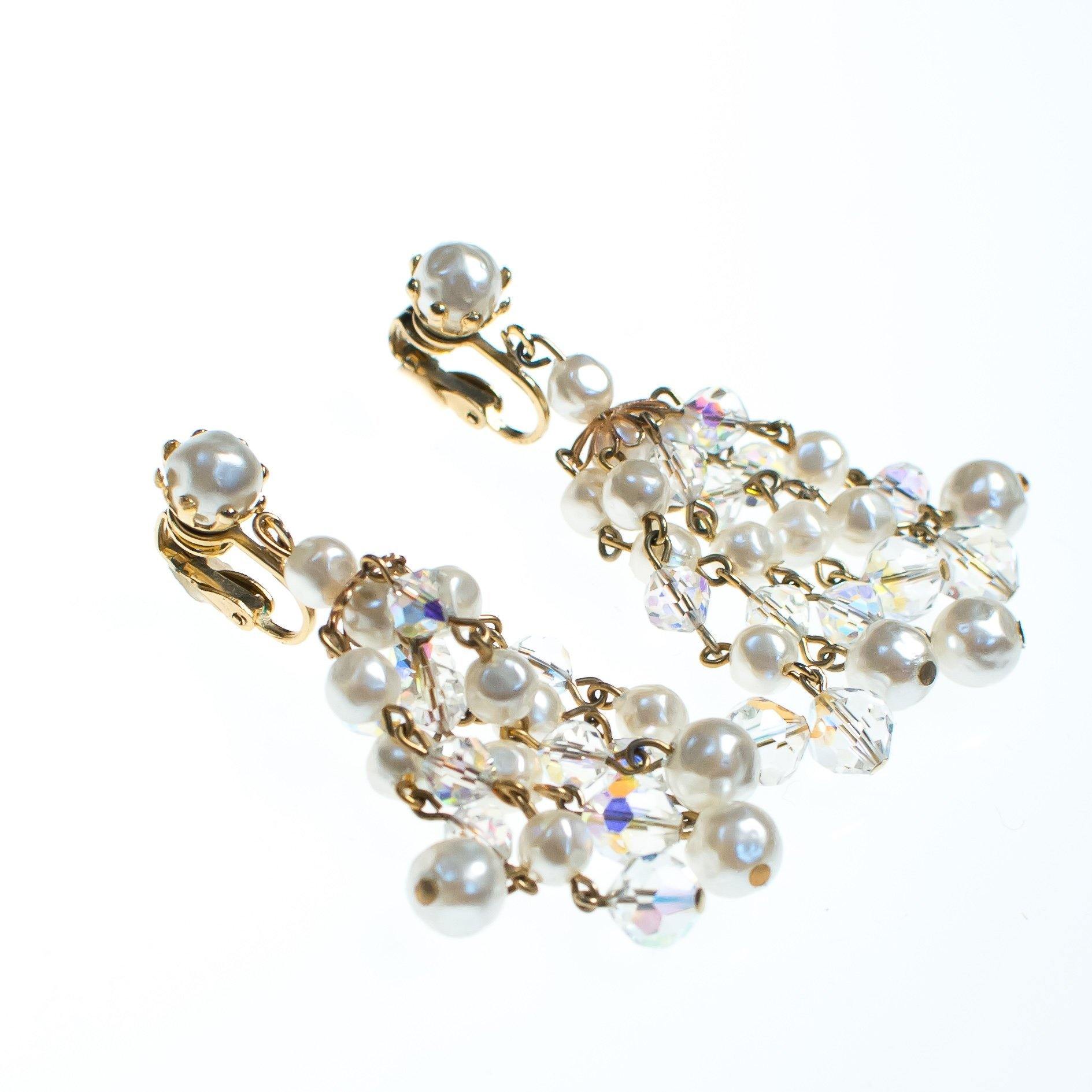 Vintage Aurora Borealis and Pearl Crystal Chandelier Statement Earrings, Clip On by Old Hollywood Glam - Vintage Meet Modern Vintage Jewelry - Chicago, Illinois - #oldhollywoodglamour #vintagemeetmodern #designervintage #jewelrybox #antiquejewelry #vintagejewelry