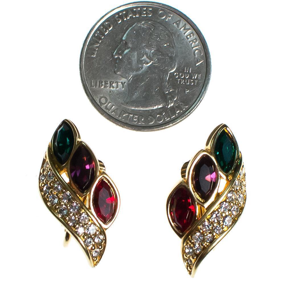 Vintage Swarovski Crystal Earrings in Jewel Toes, Green Pink and Blue, Flame Ear Crawler Design by Swarovski - Vintage Meet Modern Vintage Jewelry - Chicago, Illinois - #oldhollywoodglamour #vintagemeetmodern #designervintage #jewelrybox #antiquejewelry #vintagejewelry