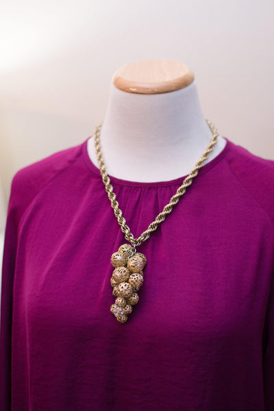 Vintage Gold Filigree Bead and Aurora Borealis Cluster Bead Pendant Necklace by 1960s - Vintage Meet Modern Vintage Jewelry - Chicago, Illinois - #oldhollywoodglamour #vintagemeetmodern #designervintage #jewelrybox #antiquejewelry #vintagejewelry