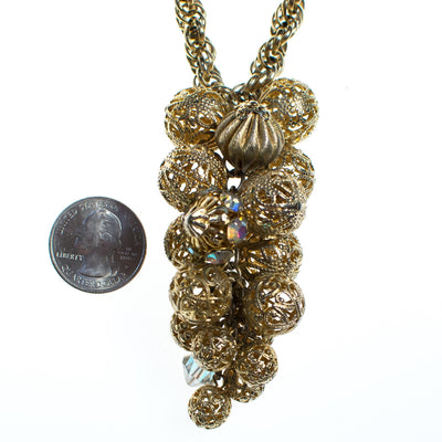 Vintage Gold Filigree Bead and Aurora Borealis Cluster Bead Pendant Necklace by 1960s - Vintage Meet Modern Vintage Jewelry - Chicago, Illinois - #oldhollywoodglamour #vintagemeetmodern #designervintage #jewelrybox #antiquejewelry #vintagejewelry