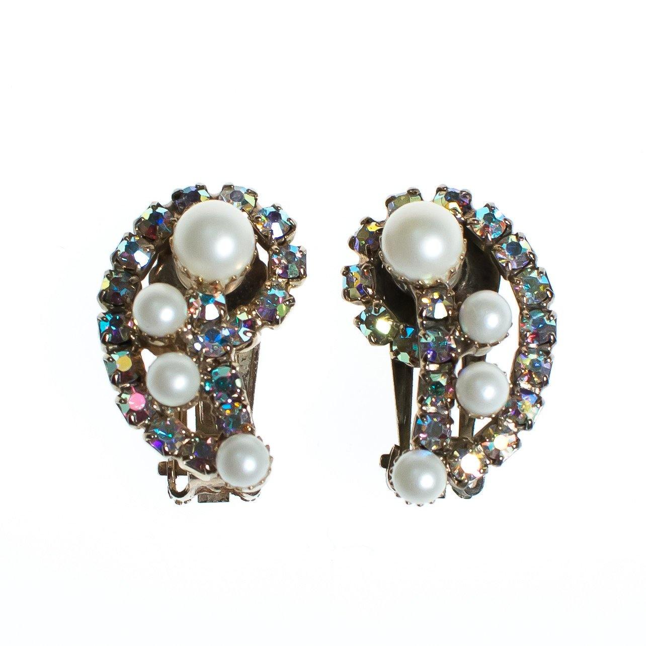 Vintage Pearl and Aurora Borealis Crystal Earrings by Mid Century Modern - Vintage Meet Modern Vintage Jewelry - Chicago, Illinois - #oldhollywoodglamour #vintagemeetmodern #designervintage #jewelrybox #antiquejewelry #vintagejewelry