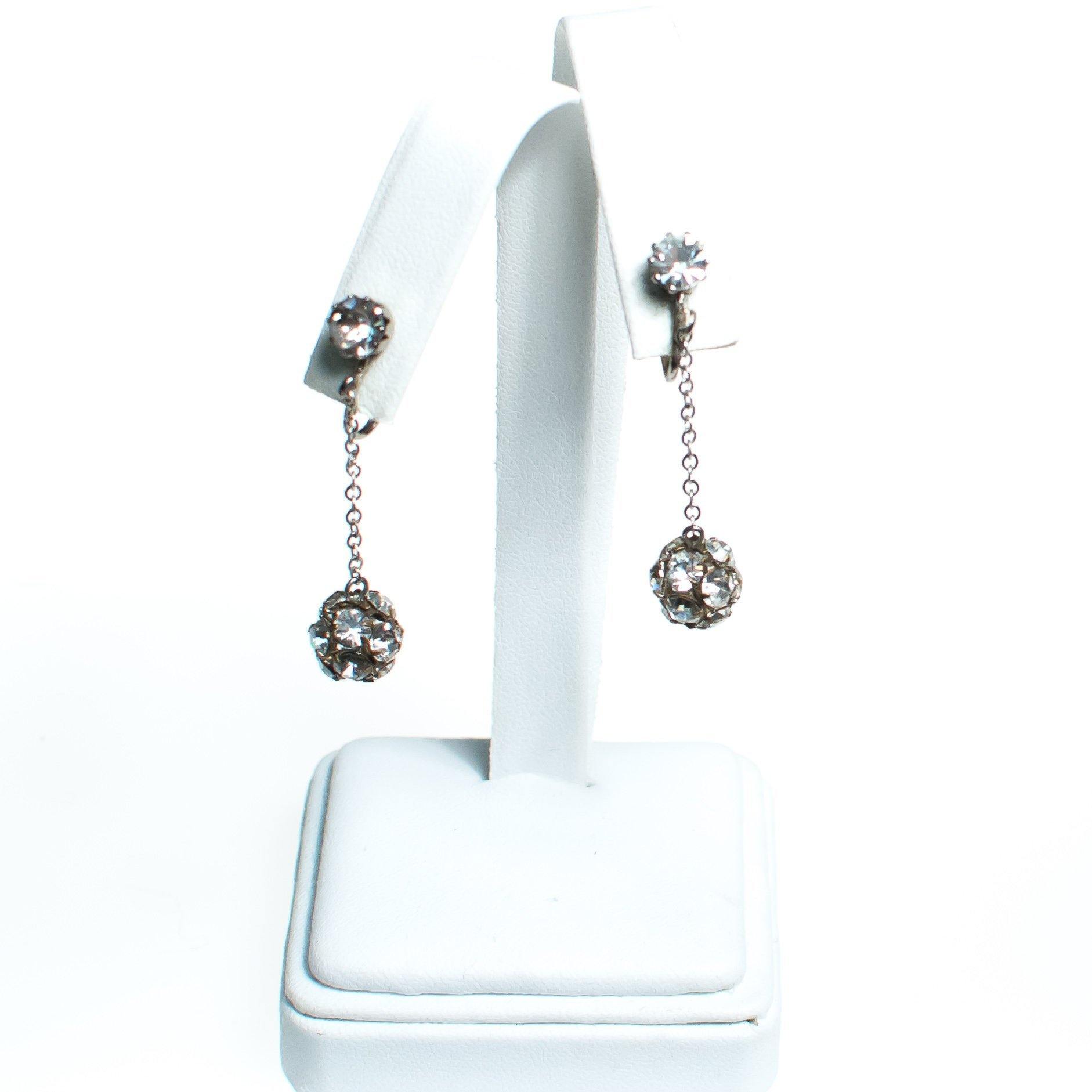 Vintage Crystal Ball Statement Earrings, Diamante Crystals, Clip-on Dangle Earrings by Art Deco - Vintage Meet Modern Vintage Jewelry - Chicago, Illinois - #oldhollywoodglamour #vintagemeetmodern #designervintage #jewelrybox #antiquejewelry #vintagejewelry