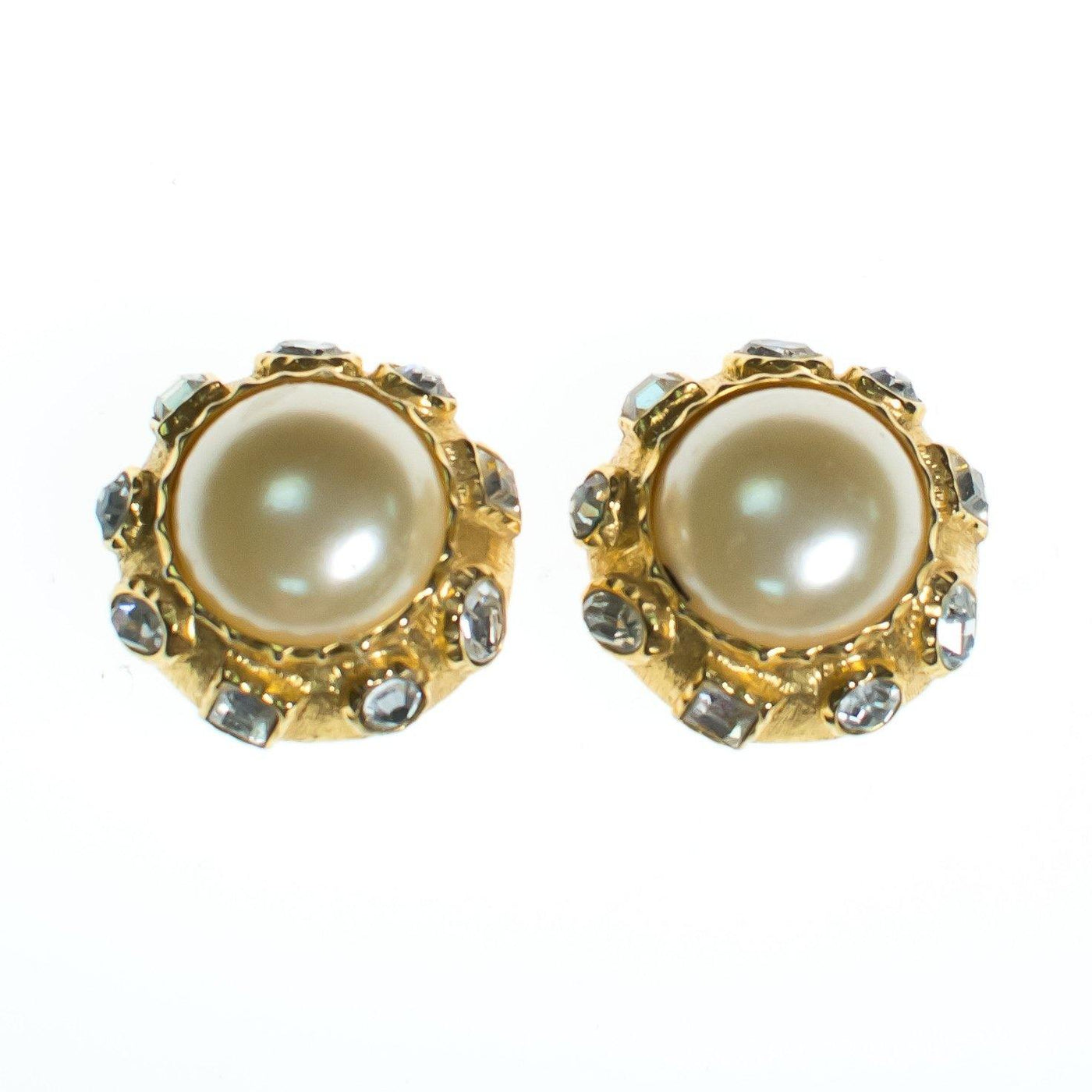 Vintage 1980s Etruscan Revival Pearl and Bezel Set Rhinestone Statement Earrings
