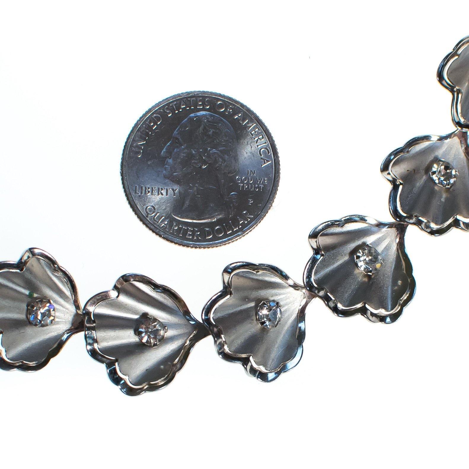 Vintage Old Hollywood Glam Mid Century Modern Silver Shell Bracelet with Rhinestones by 1950s - Vintage Meet Modern Vintage Jewelry - Chicago, Illinois - #oldhollywoodglamour #vintagemeetmodern #designervintage #jewelrybox #antiquejewelry #vintagejewelry