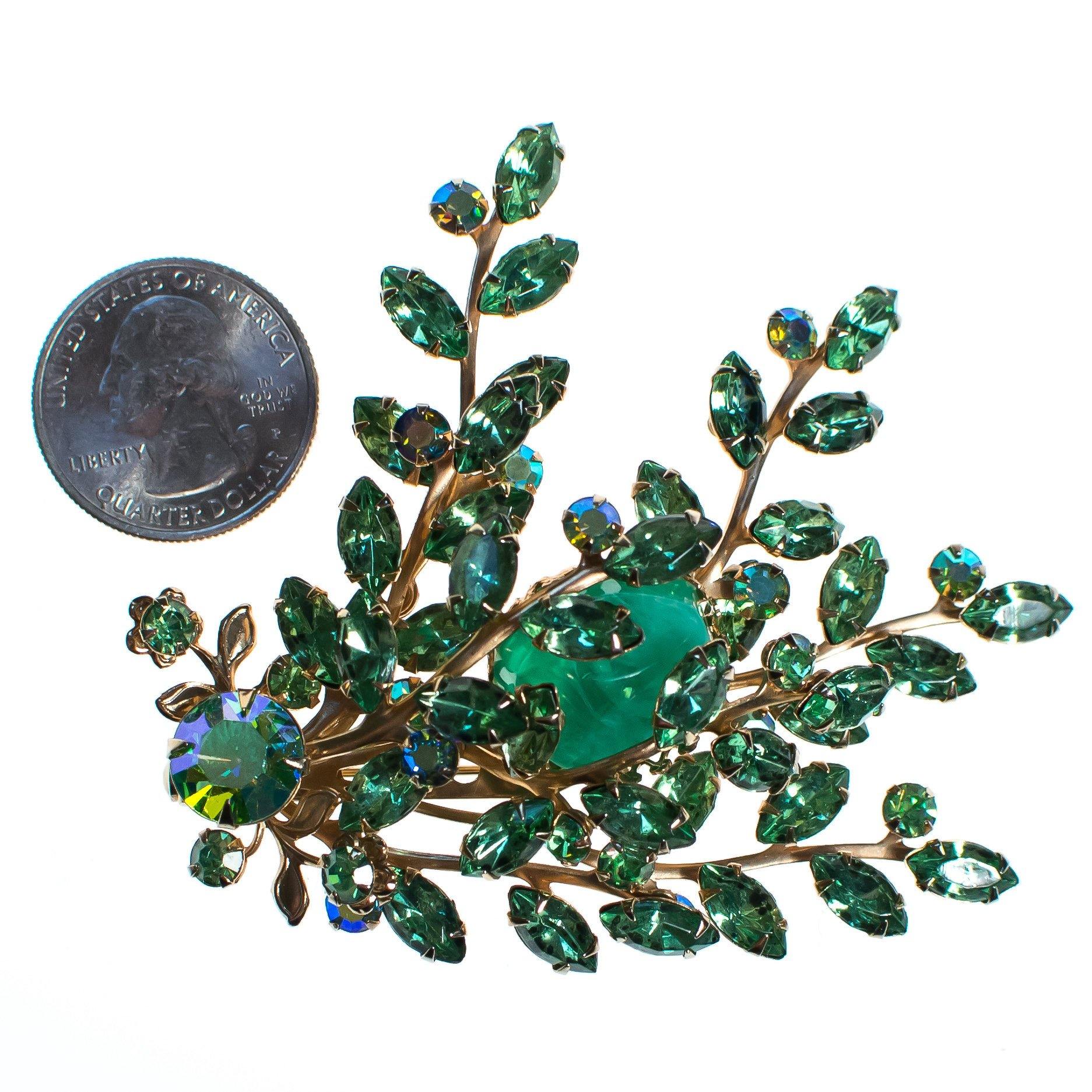 Vintage Light Green Rhinestone and Molted Green Art Glass Cabochon Spray Style Brooch by 1950s - Vintage Meet Modern Vintage Jewelry - Chicago, Illinois - #oldhollywoodglamour #vintagemeetmodern #designervintage #jewelrybox #antiquejewelry #vintagejewelry