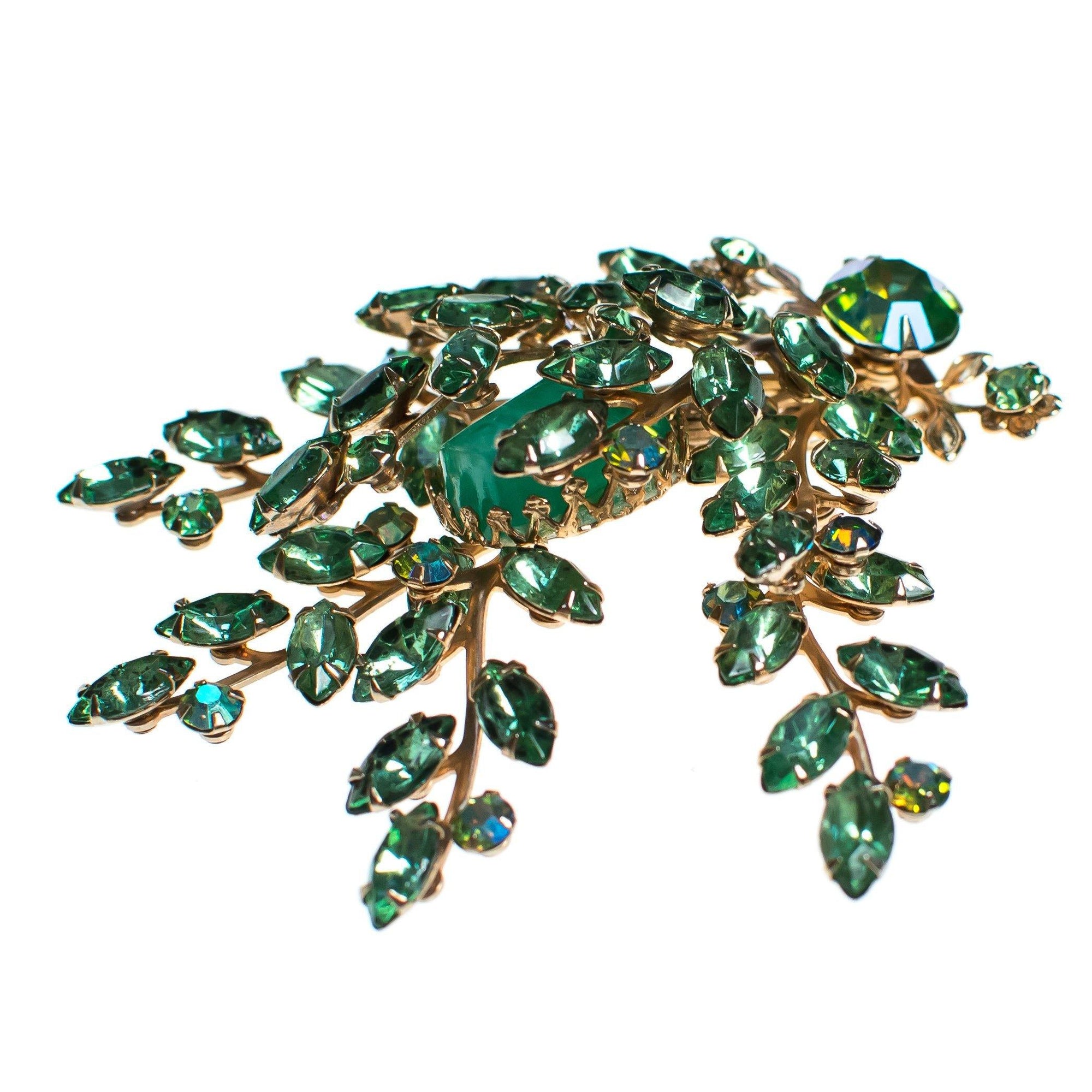 Vintage Light Green Rhinestone and Molted Green Art Glass Cabochon Spray Style Brooch by 1950s - Vintage Meet Modern Vintage Jewelry - Chicago, Illinois - #oldhollywoodglamour #vintagemeetmodern #designervintage #jewelrybox #antiquejewelry #vintagejewelry