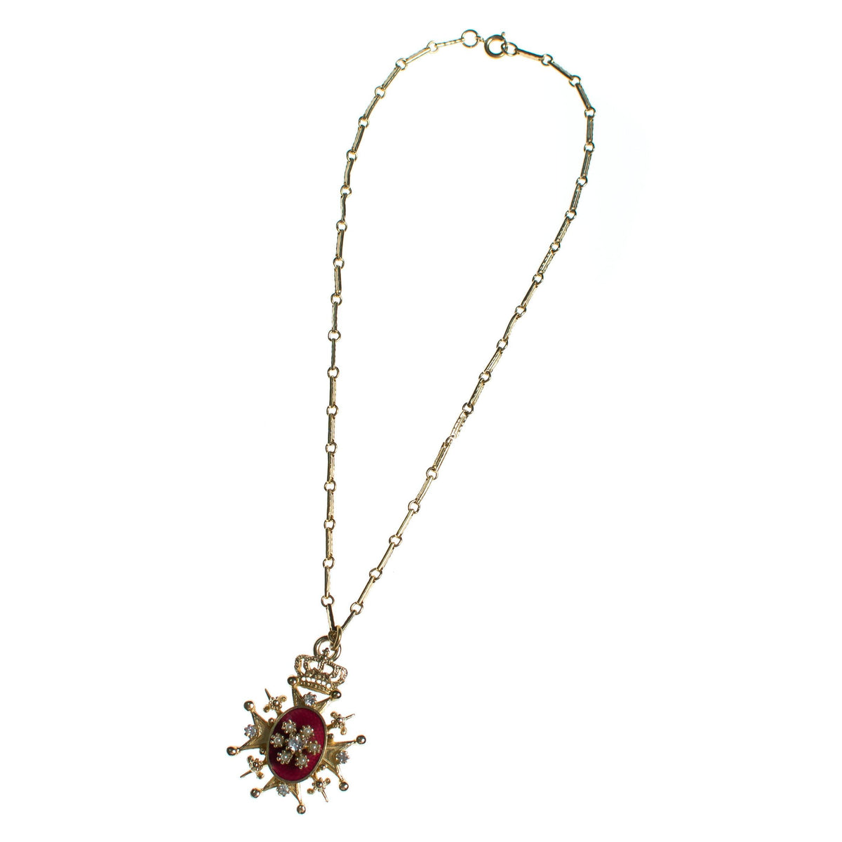 Vintage Coro Red Enamel and Rhinestone Heraldic Pendant Necklace
