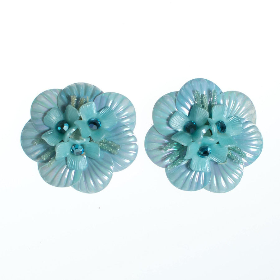 Vintage Huge Light Blue Flower Lucite Statement Earrings, Blue Rhinestones, Silver Tone Backs, Clip-on by Lucite - Vintage Meet Modern Vintage Jewelry - Chicago, Illinois - #oldhollywoodglamour #vintagemeetmodern #designervintage #jewelrybox #antiquejewelry #vintagejewelry