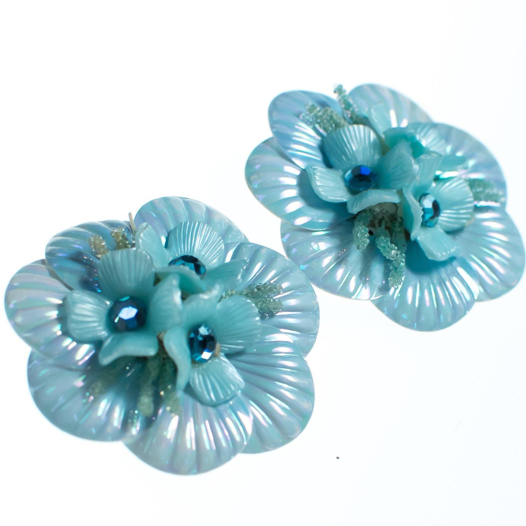 Vintage Huge Light Blue Flower Lucite Statement Earrings, Blue Rhinestones, Silver Tone Backs, Clip-on by Lucite - Vintage Meet Modern Vintage Jewelry - Chicago, Illinois - #oldhollywoodglamour #vintagemeetmodern #designervintage #jewelrybox #antiquejewelry #vintagejewelry
