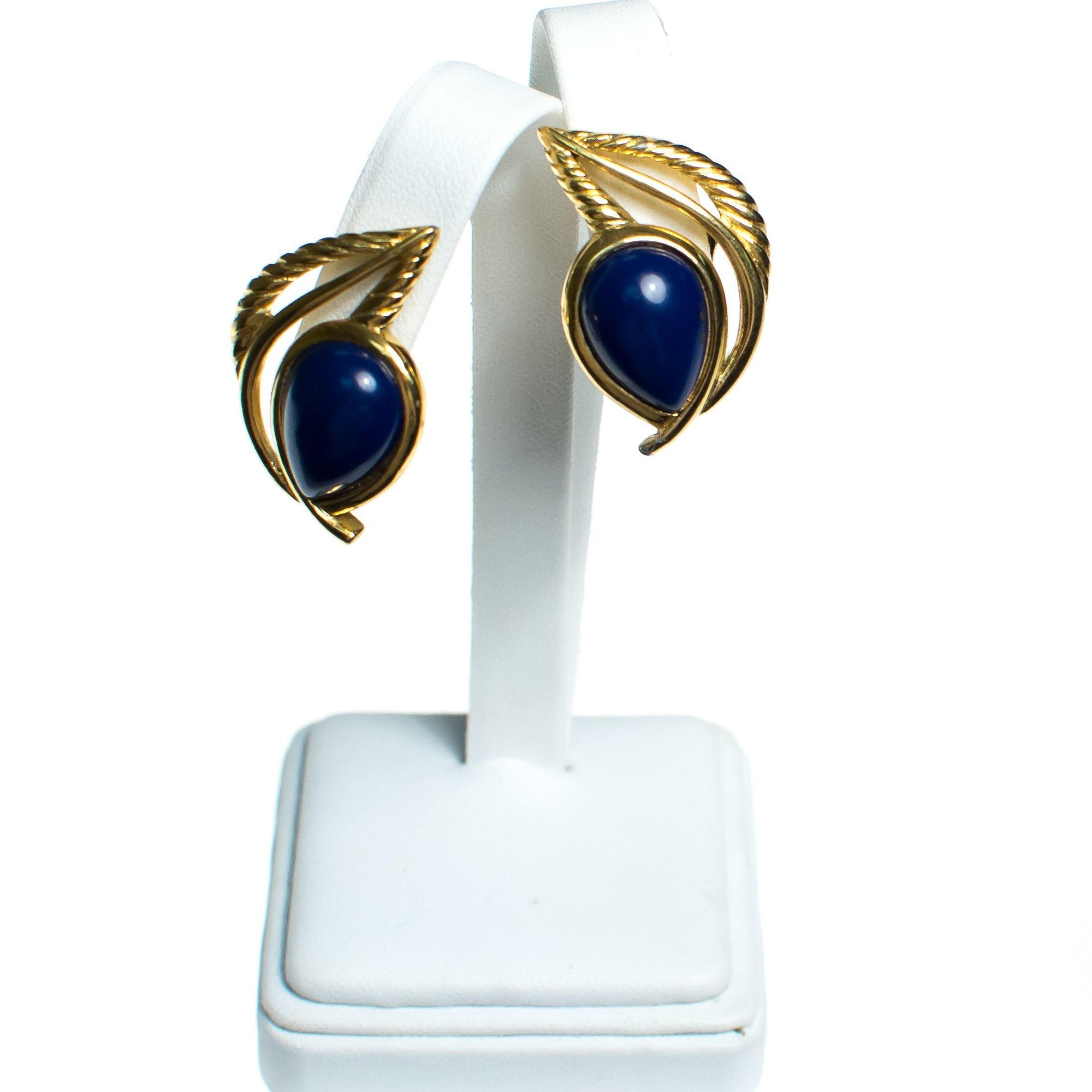 Vintage Crown Trifari Blue Cabochon Gold Leaf Modernist Statement Earrings by Crown Trifari - Vintage Meet Modern Vintage Jewelry - Chicago, Illinois - #oldhollywoodglamour #vintagemeetmodern #designervintage #jewelrybox #antiquejewelry #vintagejewelry
