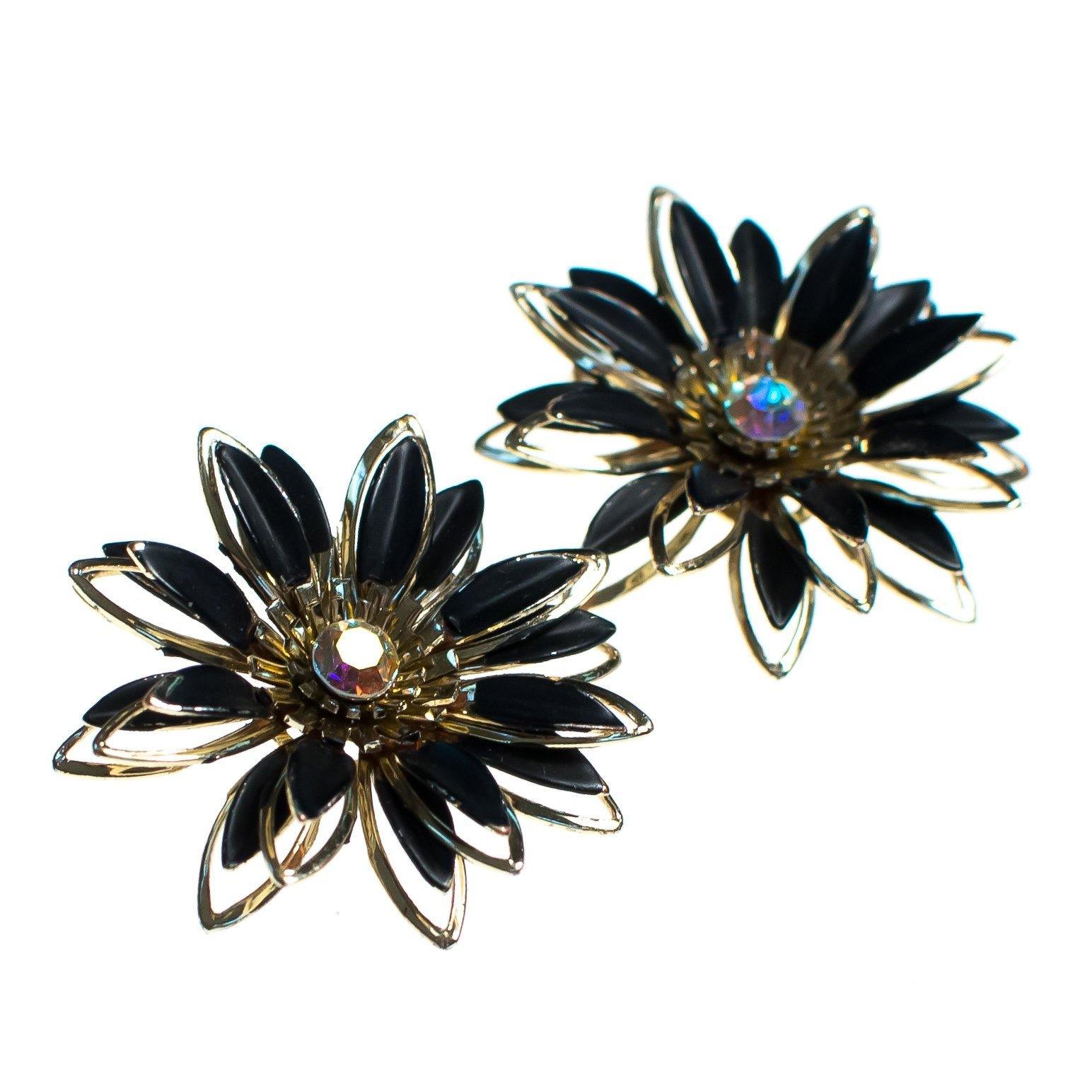 Vintage Black Daisy and Gold Daisy with Aurora Borealis Crystal Statement Earrings by Mid Century Modern - Vintage Meet Modern Vintage Jewelry - Chicago, Illinois - #oldhollywoodglamour #vintagemeetmodern #designervintage #jewelrybox #antiquejewelry #vintagejewelry