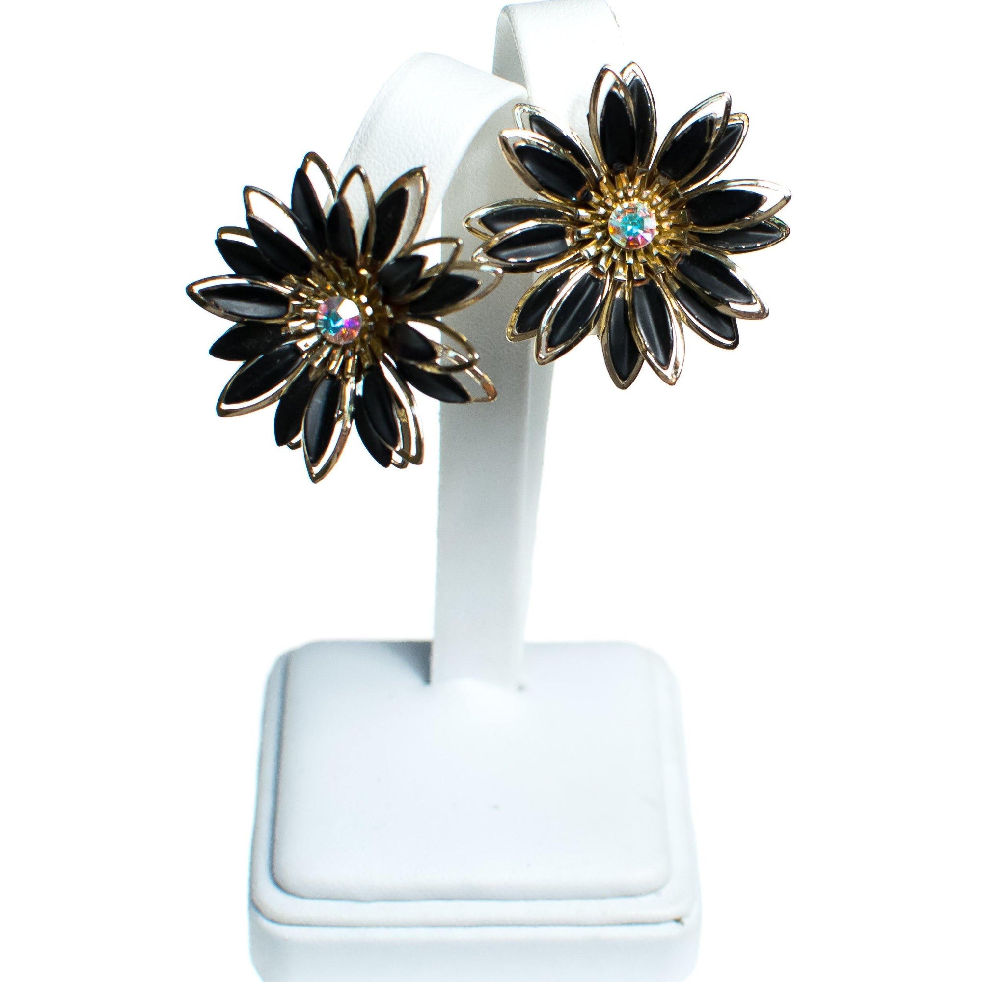 Vintage Black Daisy and Gold Daisy with Aurora Borealis Crystal Statement Earrings by Mid Century Modern - Vintage Meet Modern Vintage Jewelry - Chicago, Illinois - #oldhollywoodglamour #vintagemeetmodern #designervintage #jewelrybox #antiquejewelry #vintagejewelry