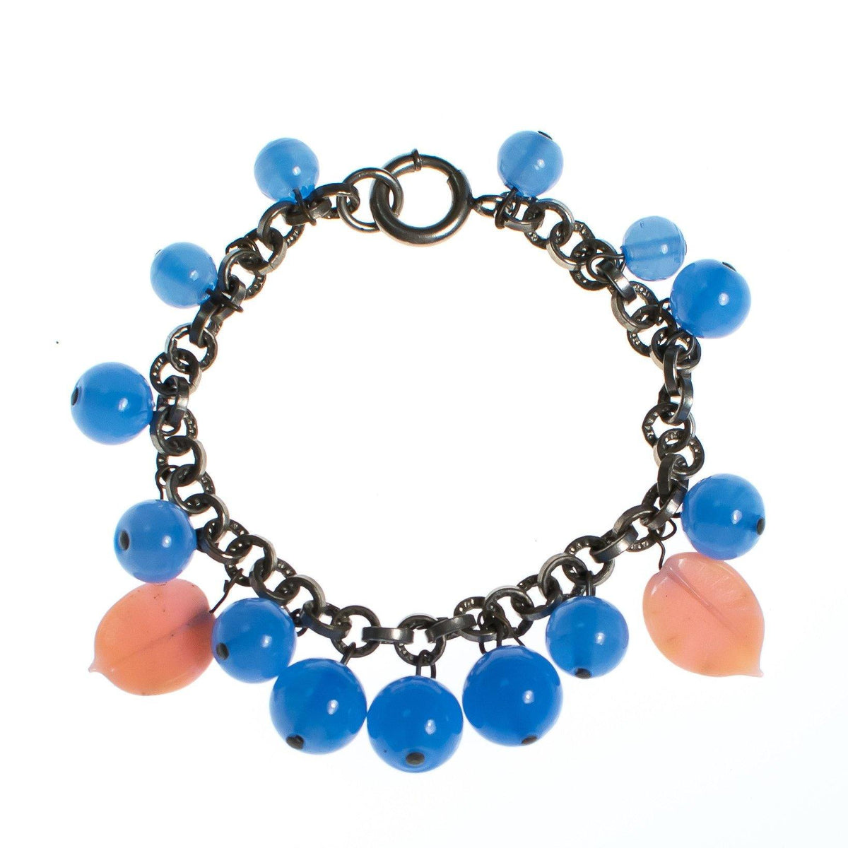 Vintage 1940s Made in Germany Blue Marble Glass Bracelet with Pink Leaves