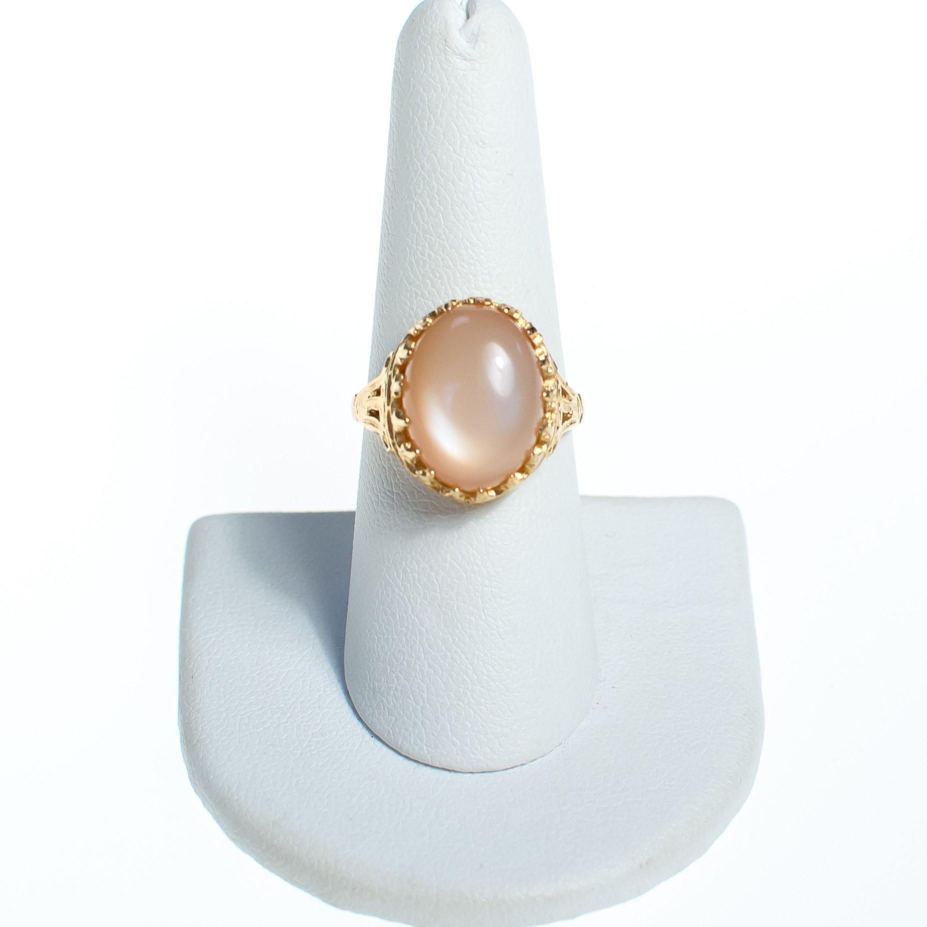 Vintage Peach Pink Pearl Moonstone Ring in 18kt GP over Sterling Silver Setting by Sterling Silver - Vintage Meet Modern Vintage Jewelry - Chicago, Illinois - #oldhollywoodglamour #vintagemeetmodern #designervintage #jewelrybox #antiquejewelry #vintagejewelry