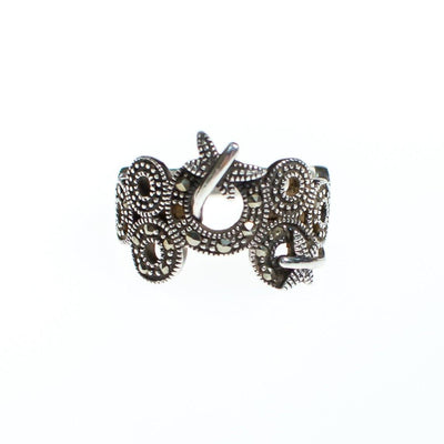 Vintage Sterling Silver Marcasite Band Ring with Circles, Loops, and Dragonfly by Sterling Silver - Vintage Meet Modern Vintage Jewelry - Chicago, Illinois - #oldhollywoodglamour #vintagemeetmodern #designervintage #jewelrybox #antiquejewelry #vintagejewelry