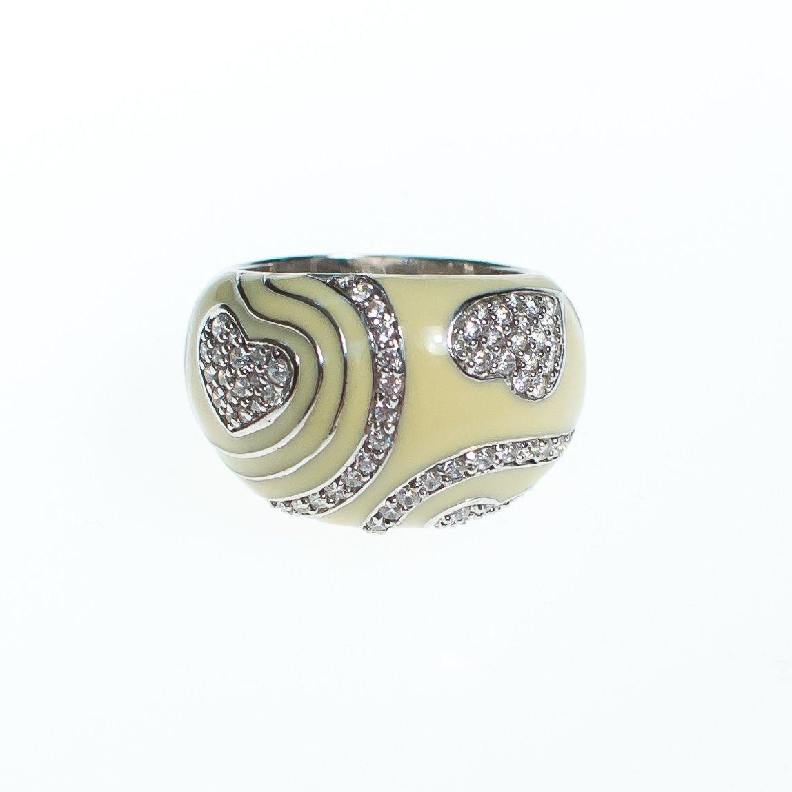 Vintage Cream Enamel and Hearts and Swirls Diamonique CZ Domed Statement Ring