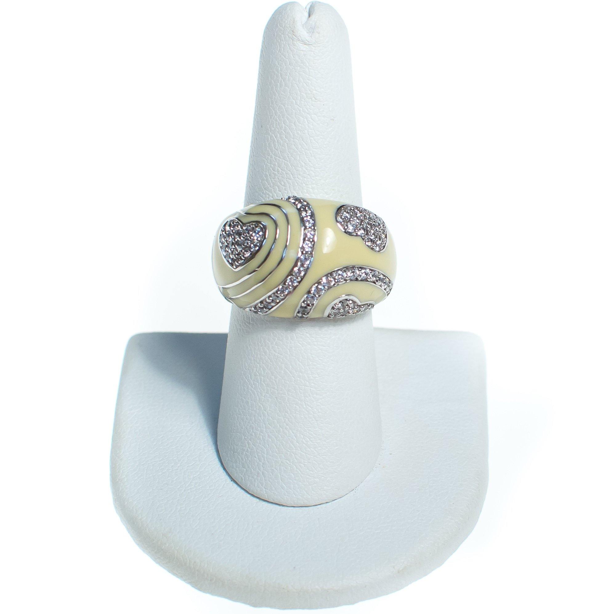 Vintage Cream Enamel and Hearts and Swirls Diamonique CZ Domed Statement Ring by Sterling Silver - Vintage Meet Modern Vintage Jewelry - Chicago, Illinois - #oldhollywoodglamour #vintagemeetmodern #designervintage #jewelrybox #antiquejewelry #vintagejewelry