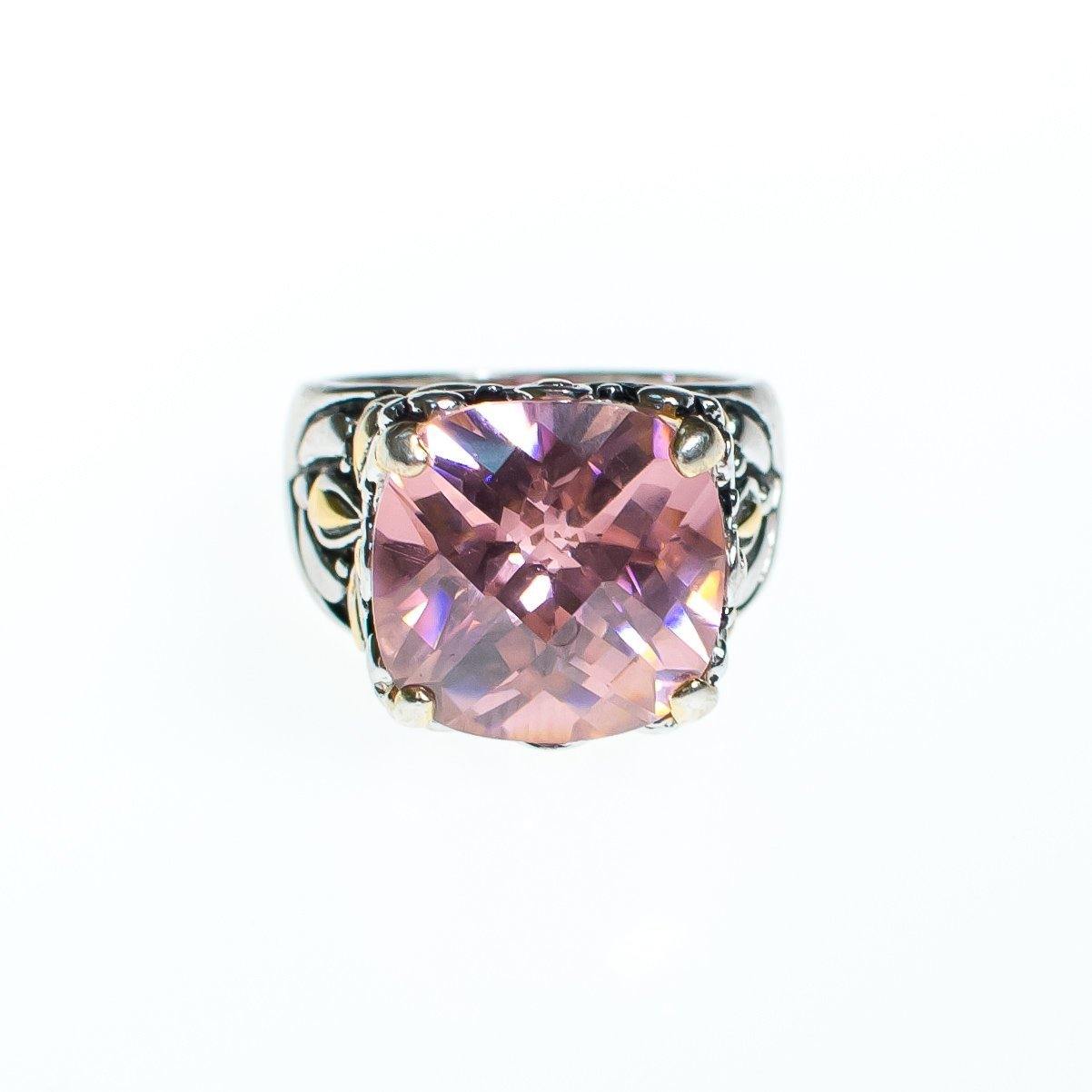 Vintage Pink Topaz Sterling Silver Statement Ring with 18kt Gold Accents