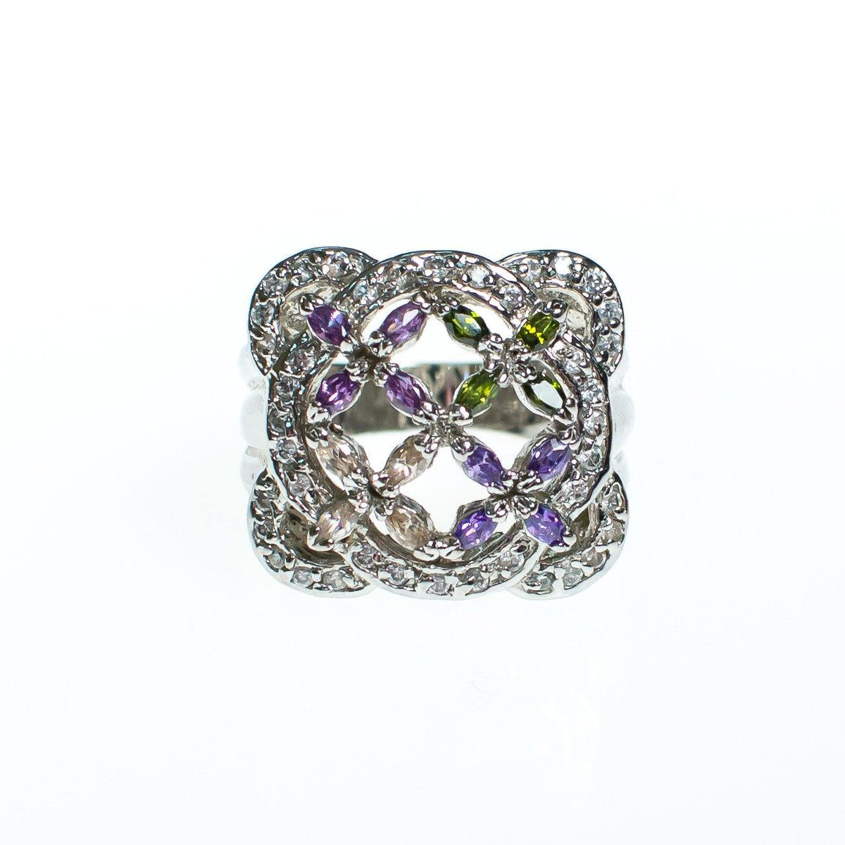 Vintage Tanzanite Peridot and White Sapphire Flower Statement Sterling Silver Ring