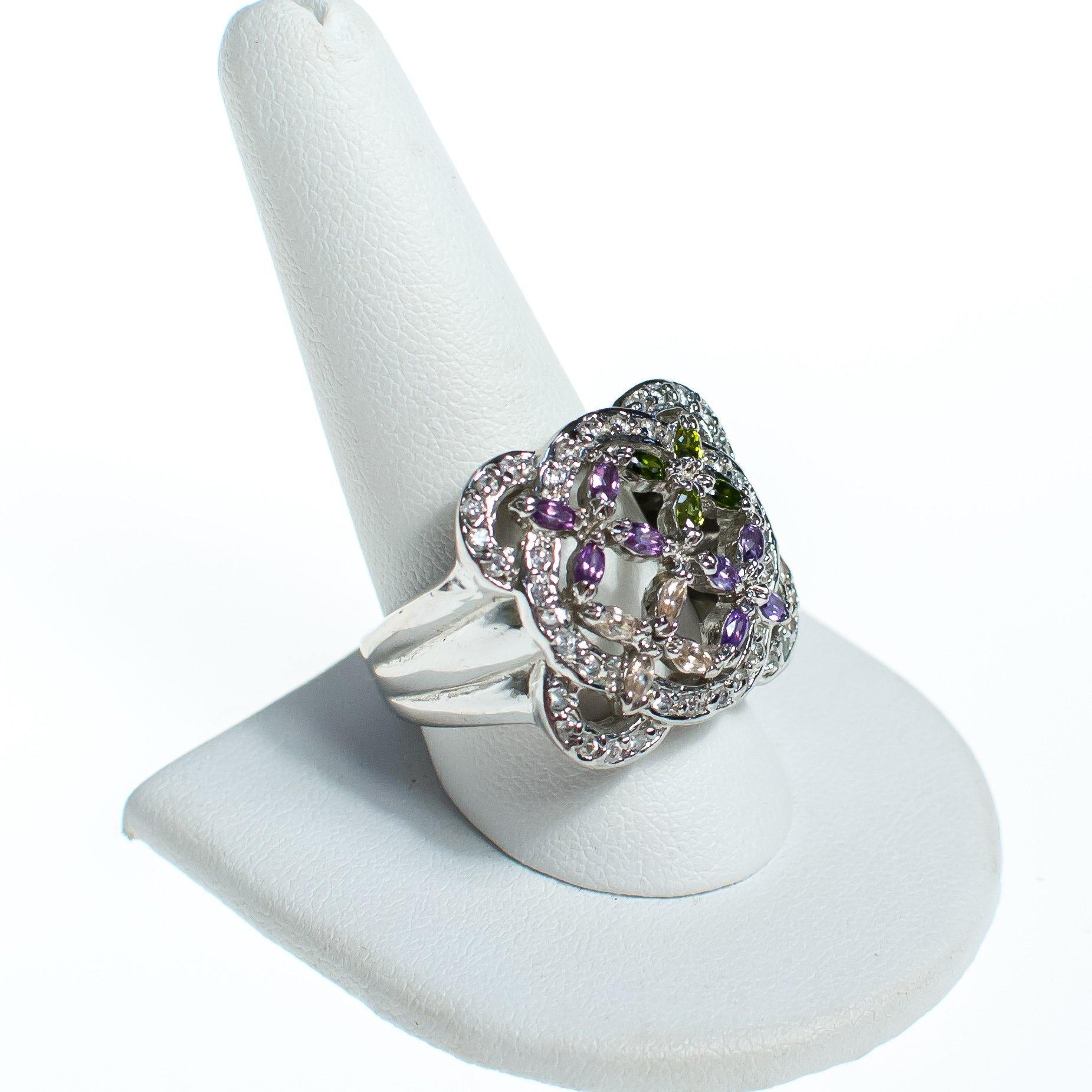 Vintage Tanzanite Peridot and White Sapphire Flower Statement Sterling Silver Ring by Sterling Silver - Vintage Meet Modern Vintage Jewelry - Chicago, Illinois - #oldhollywoodglamour #vintagemeetmodern #designervintage #jewelrybox #antiquejewelry #vintagejewelry