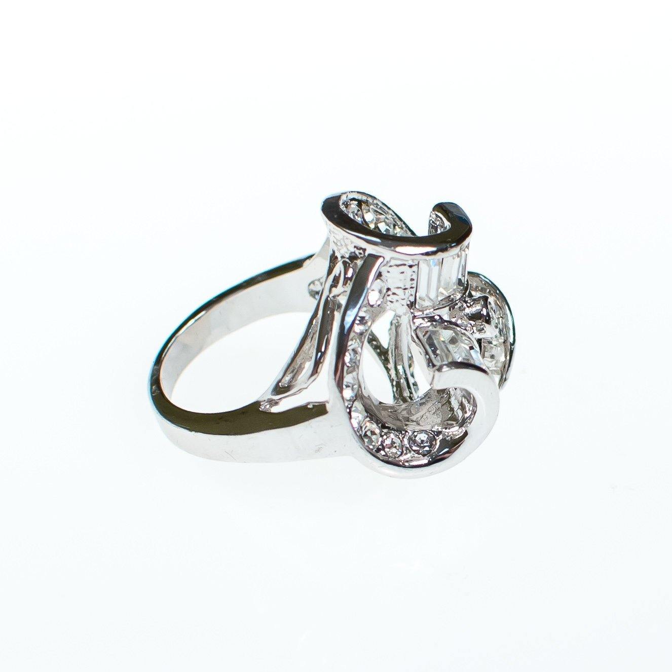 Vintage Crystal and Rhinestone Deco Inspired Statement Ring, Diamante Crystals, Silver Tone Setting, Ring Size 6 by 1990s - Vintage Meet Modern Vintage Jewelry - Chicago, Illinois - #oldhollywoodglamour #vintagemeetmodern #designervintage #jewelrybox #antiquejewelry #vintagejewelry