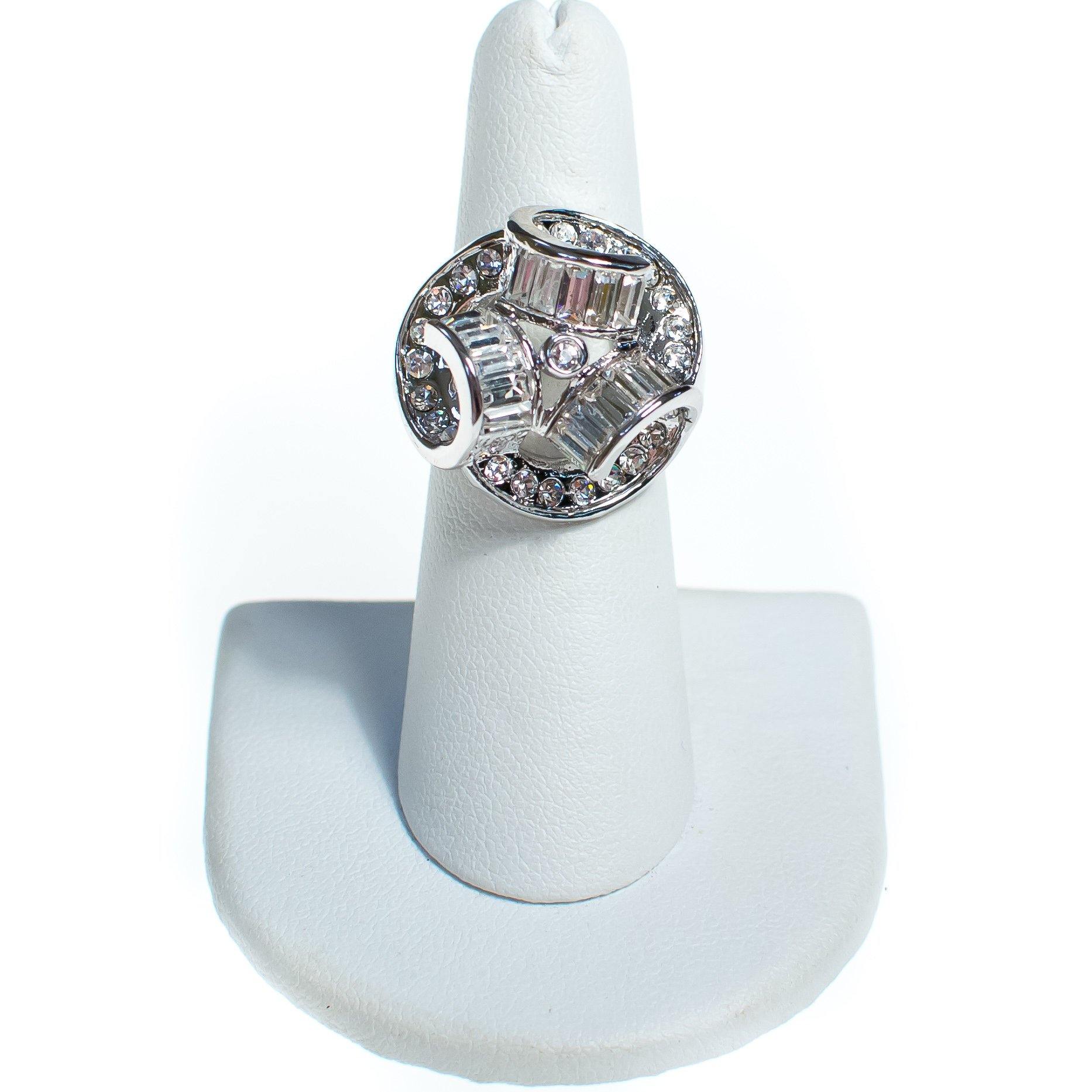 Vintage Crystal and Rhinestone Deco Inspired Statement Ring, Diamante Crystals, Silver Tone Setting, Ring Size 6 by 1990s - Vintage Meet Modern Vintage Jewelry - Chicago, Illinois - #oldhollywoodglamour #vintagemeetmodern #designervintage #jewelrybox #antiquejewelry #vintagejewelry