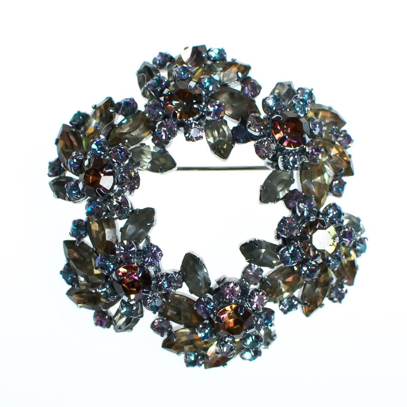 Vintage Austrian Brooch Multi-colored Aurora Borealis Rhinestones, Silver Tone Setting, Brooches and Pins