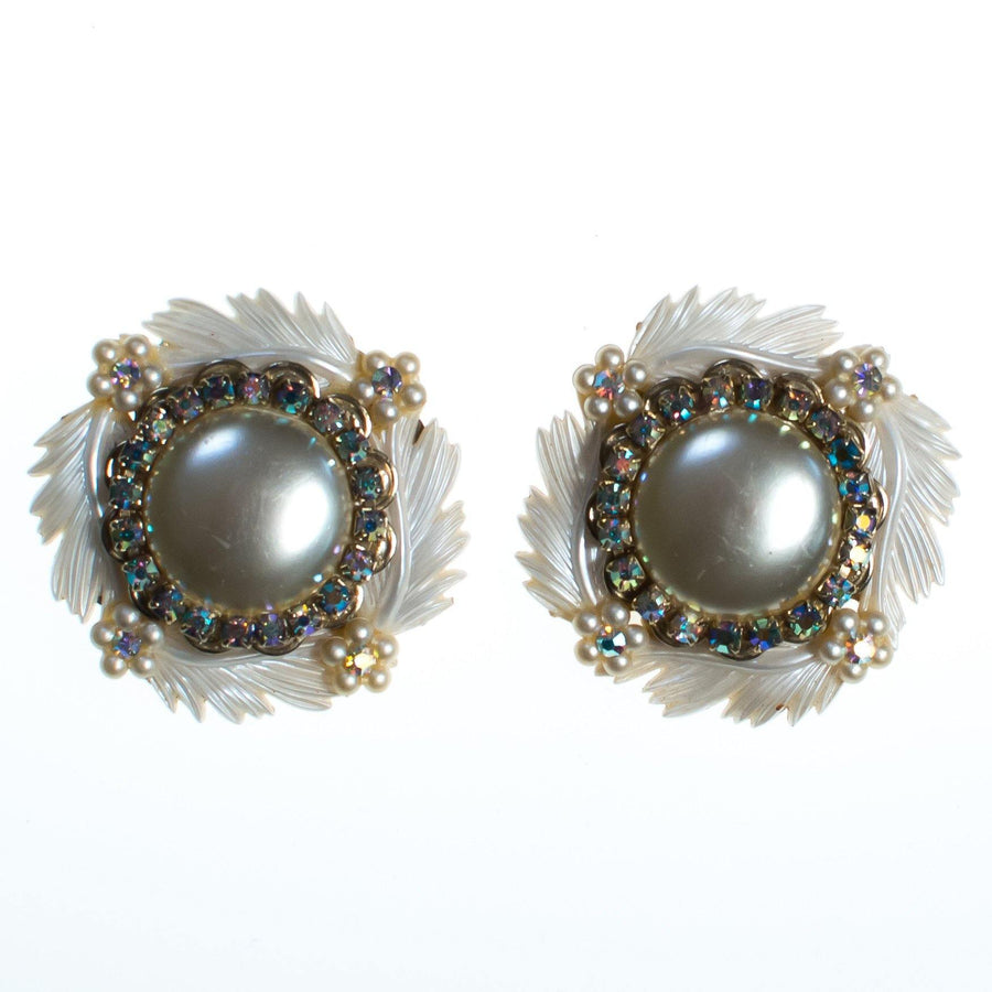 Vintage Statement Earrings, White Lucite Feathers, Faux Pearls, Aurora Borealis Rhinestones, Silver Tone Setting, Clip-on by 1950s - Vintage Meet Modern Vintage Jewelry - Chicago, Illinois - #oldhollywoodglamour #vintagemeetmodern #designervintage #jewelrybox #antiquejewelry #vintagejewelry