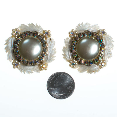 Vintage Statement Earrings, White Lucite Feathers, Faux Pearls, Aurora Borealis Rhinestones, Silver Tone Setting, Clip-on by 1950s - Vintage Meet Modern Vintage Jewelry - Chicago, Illinois - #oldhollywoodglamour #vintagemeetmodern #designervintage #jewelrybox #antiquejewelry #vintagejewelry