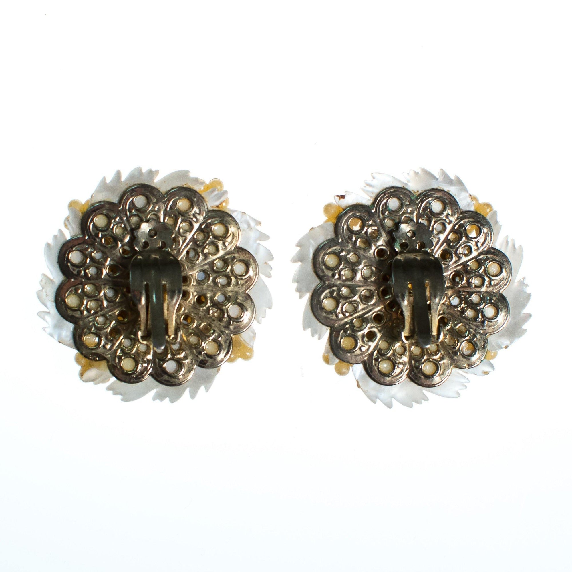 Vintage Statement Earrings, White Lucite Feathers, Faux Pearls, Aurora Borealis Rhinestones, Silver Tone Setting, Clip-on by 1950s - Vintage Meet Modern Vintage Jewelry - Chicago, Illinois - #oldhollywoodglamour #vintagemeetmodern #designervintage #jewelrybox #antiquejewelry #vintagejewelry