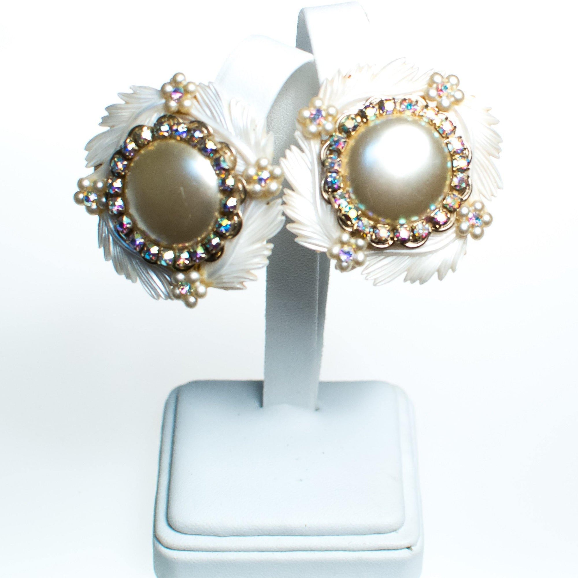 Vintage Statement Earrings, White Lucite Feathers, Faux Pearls, Aurora Borealis Rhinestones, Silver Tone Setting, Clip-on by 1950s - Vintage Meet Modern Vintage Jewelry - Chicago, Illinois - #oldhollywoodglamour #vintagemeetmodern #designervintage #jewelrybox #antiquejewelry #vintagejewelry
