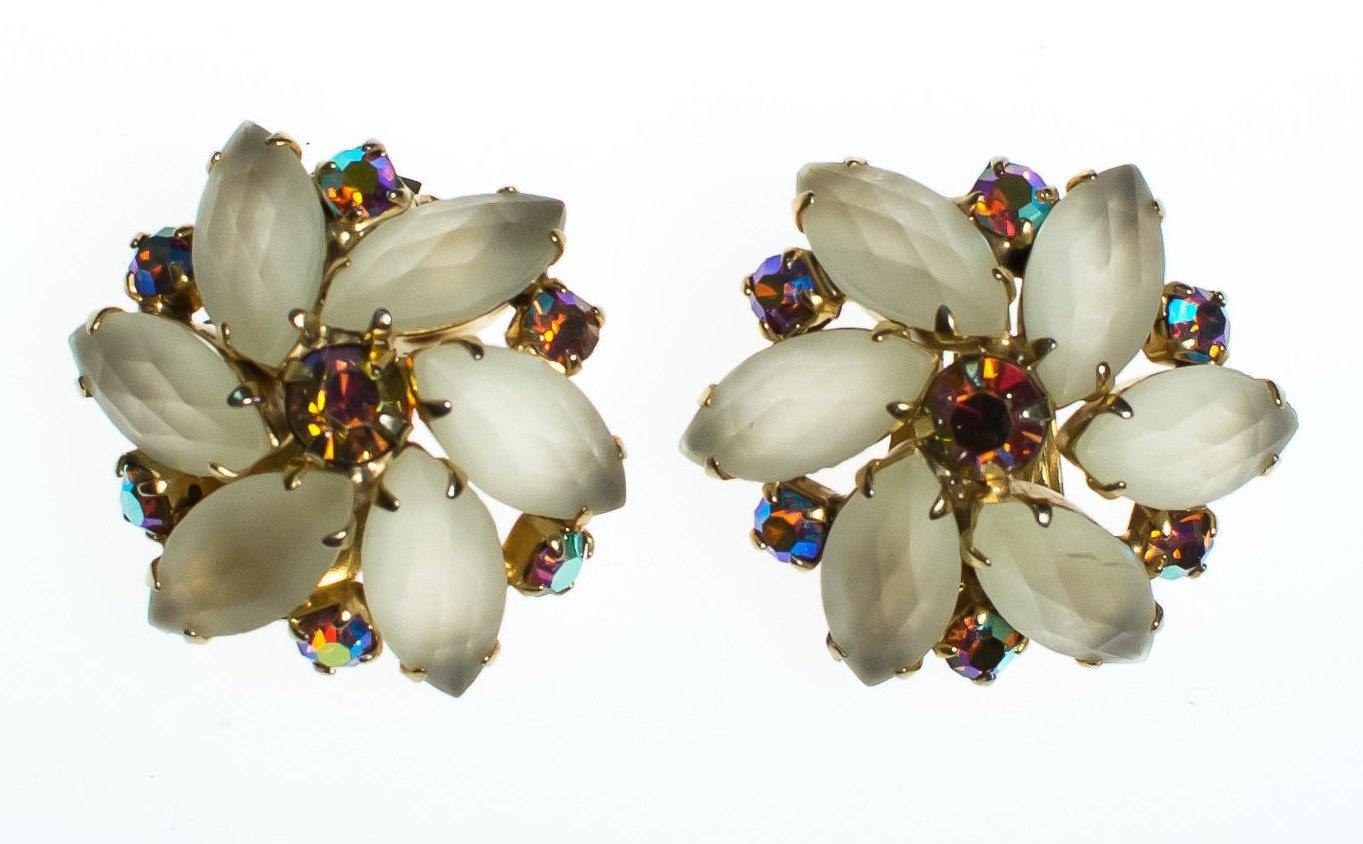 Vintage Champagne Frosted Crystal and Aurora Borealis Rhinestone Flower Statement Earrings, Clip On by 1960s - Vintage Meet Modern Vintage Jewelry - Chicago, Illinois - #oldhollywoodglamour #vintagemeetmodern #designervintage #jewelrybox #antiquejewelry #vintagejewelry