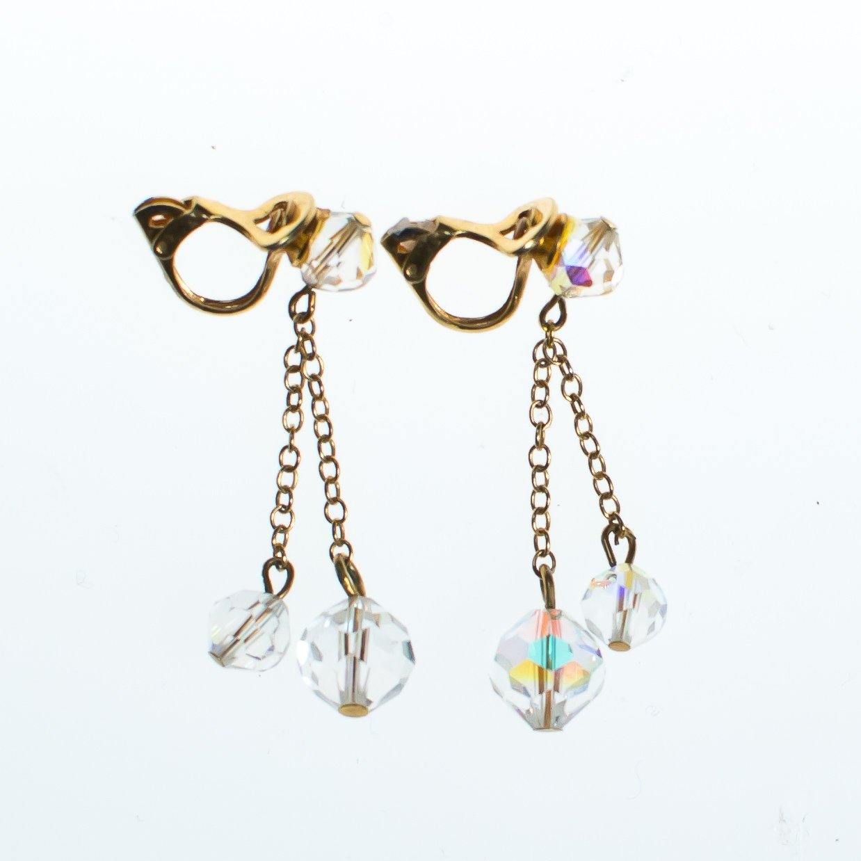 Vintage Dangling Aurora Borealis Faceted Crystal Cha Cha Earrings, Clip On, Old Hollywood Glam by 1950s - Vintage Meet Modern Vintage Jewelry - Chicago, Illinois - #oldhollywoodglamour #vintagemeetmodern #designervintage #jewelrybox #antiquejewelry #vintagejewelry