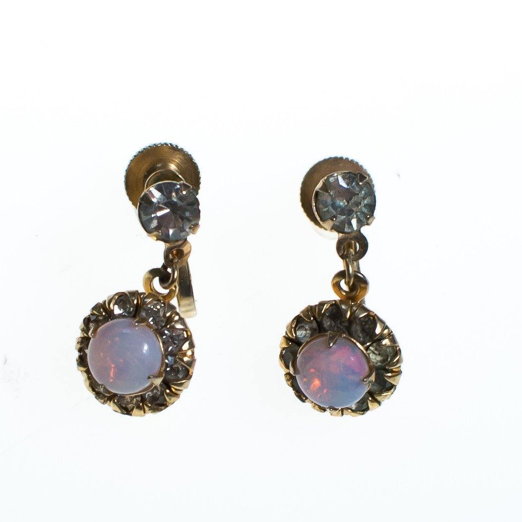 Vintage Petite Dangling Opaline Dragons Breath Art Glass and Rhinestone Earrings, Screw Back by 1950s - Vintage Meet Modern Vintage Jewelry - Chicago, Illinois - #oldhollywoodglamour #vintagemeetmodern #designervintage #jewelrybox #antiquejewelry #vintagejewelry
