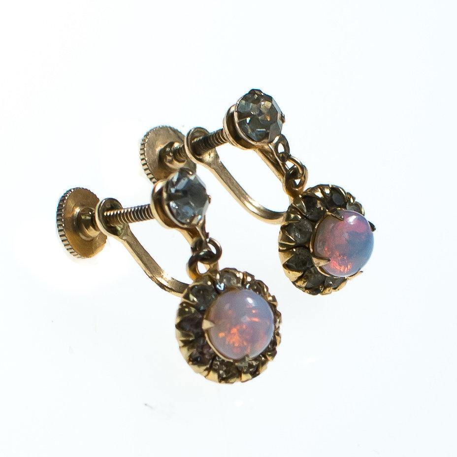 Vintage Petite Dangling Opaline Dragons Breath Art Glass and Rhinestone Earrings, Screw Back by 1950s - Vintage Meet Modern Vintage Jewelry - Chicago, Illinois - #oldhollywoodglamour #vintagemeetmodern #designervintage #jewelrybox #antiquejewelry #vintagejewelry