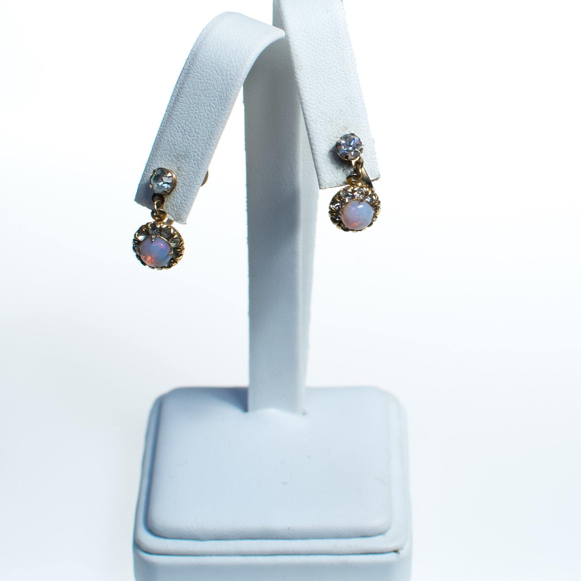 Vintage Petite Dangling Opaline Dragons Breath Art Glass and Rhinestone Earrings, Screw Back by 1950s - Vintage Meet Modern Vintage Jewelry - Chicago, Illinois - #oldhollywoodglamour #vintagemeetmodern #designervintage #jewelrybox #antiquejewelry #vintagejewelry