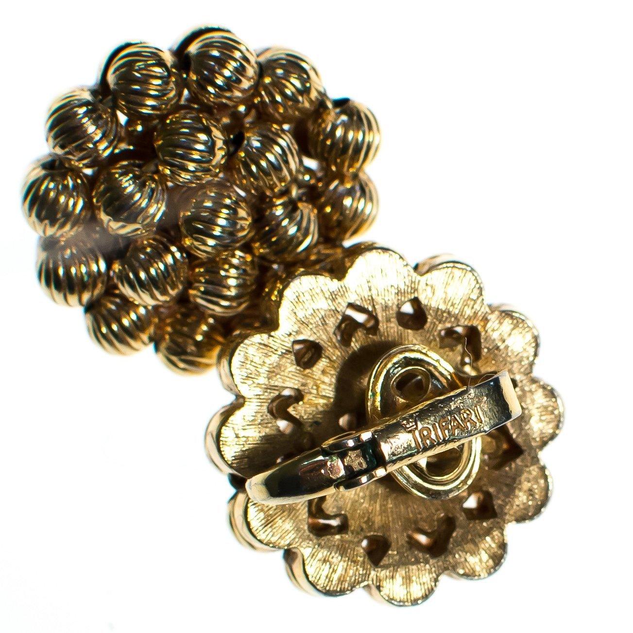 Vintage Crown Trifari Gold Bead Button Earrings, Clip On by Crown Trifari - Vintage Meet Modern Vintage Jewelry - Chicago, Illinois - #oldhollywoodglamour #vintagemeetmodern #designervintage #jewelrybox #antiquejewelry #vintagejewelry