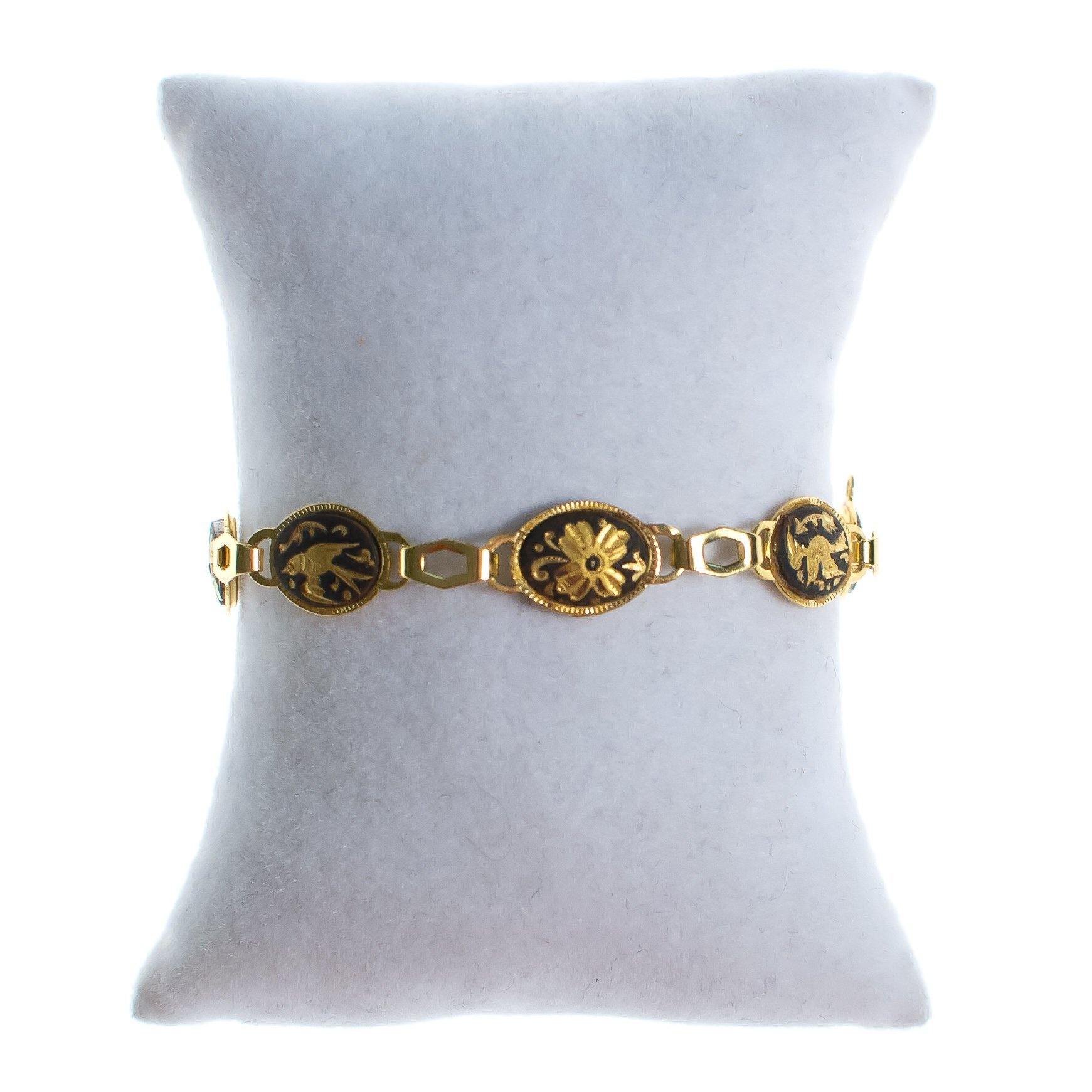 Vintage Spanish Damascene Bracelet Black with Gold Bird Design by Made in Spain - Vintage Meet Modern Vintage Jewelry - Chicago, Illinois - #oldhollywoodglamour #vintagemeetmodern #designervintage #jewelrybox #antiquejewelry #vintagejewelry