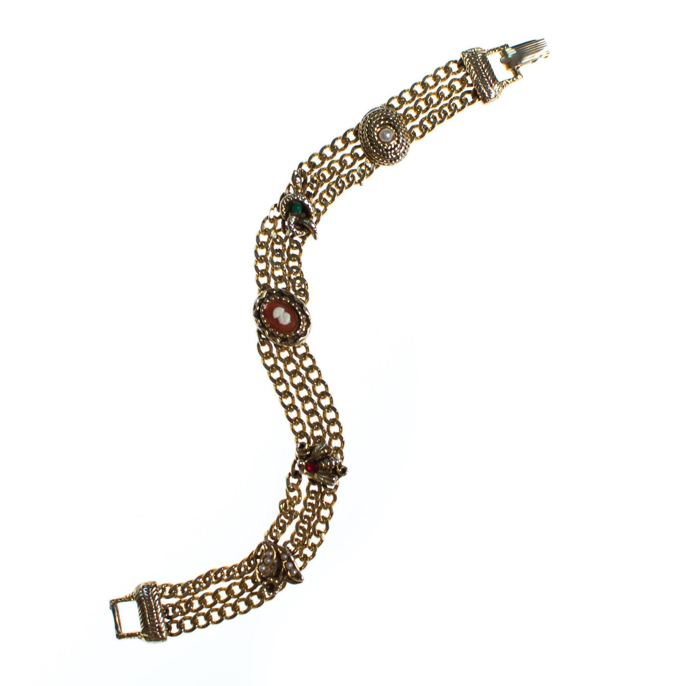 Vintage Goldette Bracelet with Faux Pearls, Red, Green, and Orange Gemstones, Gold Tone Setting, Snap Lock Clasp