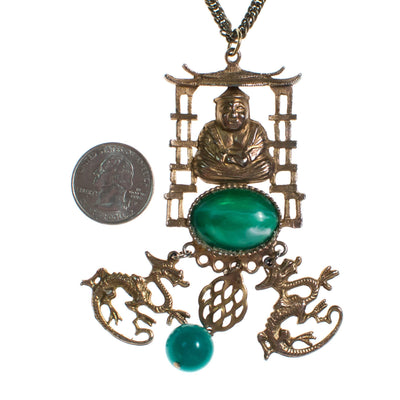 Vintage 1960s Gold Buddha and Jade Green Charm Statement Necklace by 1960s - Vintage Meet Modern Vintage Jewelry - Chicago, Illinois - #oldhollywoodglamour #vintagemeetmodern #designervintage #jewelrybox #antiquejewelry #vintagejewelry