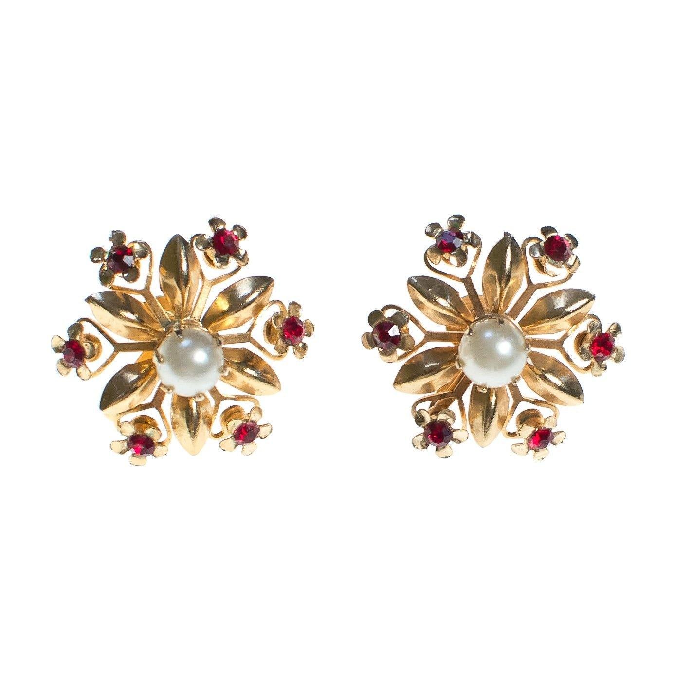 Vintage Gold Star Flower Earrings with Red Rhinestones and Faux Pearl by 1950s - Vintage Meet Modern Vintage Jewelry - Chicago, Illinois - #oldhollywoodglamour #vintagemeetmodern #designervintage #jewelrybox #antiquejewelry #vintagejewelry